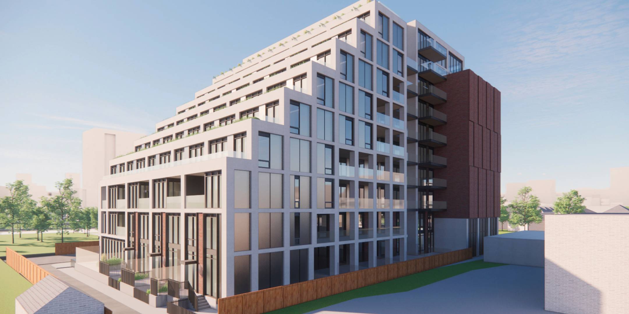 Rendering of potential mixed use building approved at the site