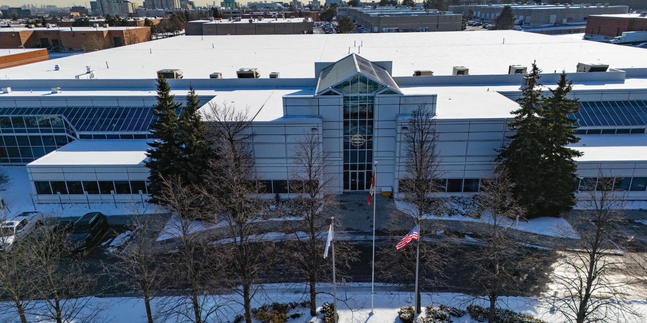 Aerial of Front Entrance of industrial building