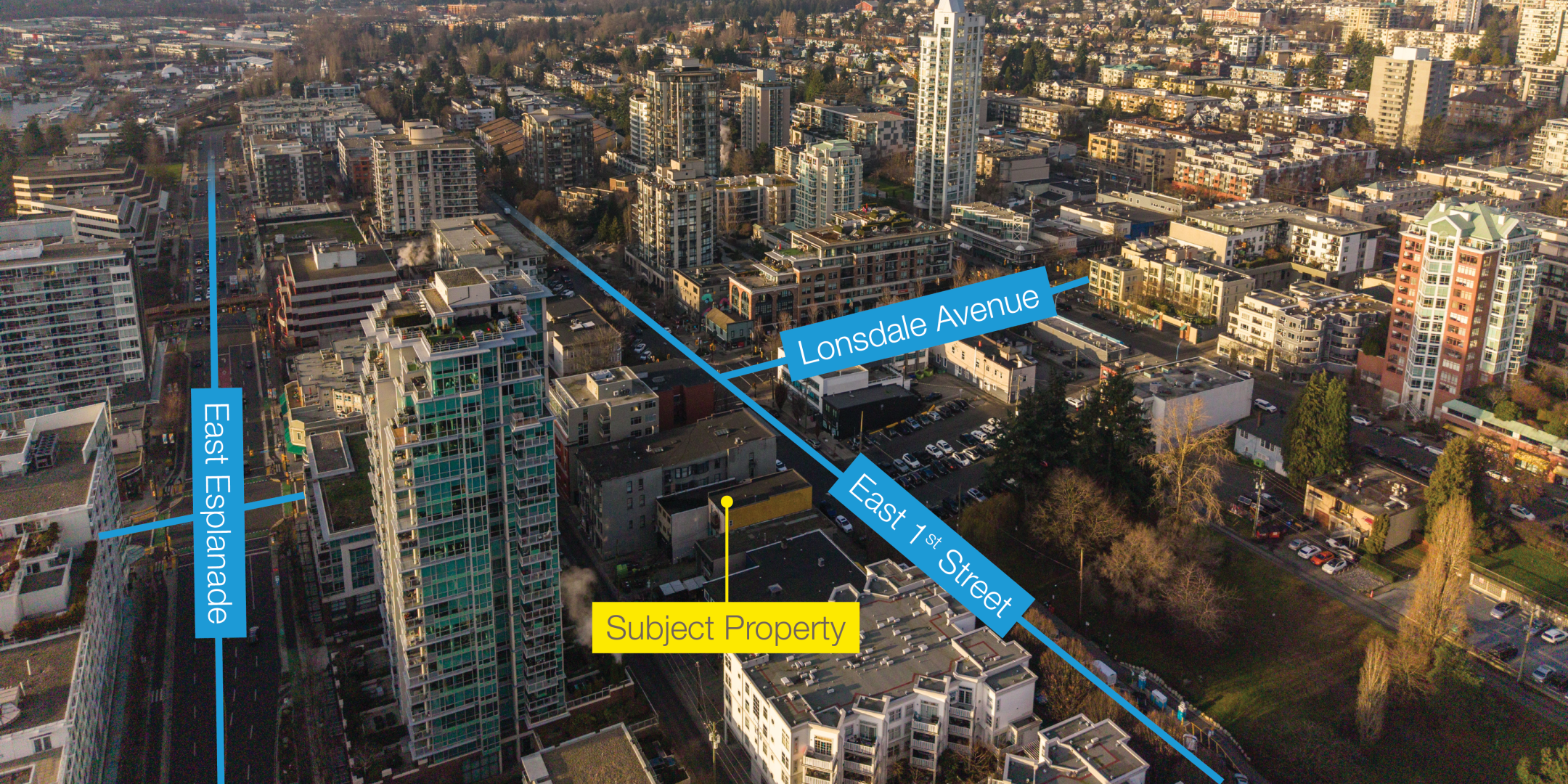 121 East 1st Street Aerial with streets and property outlined