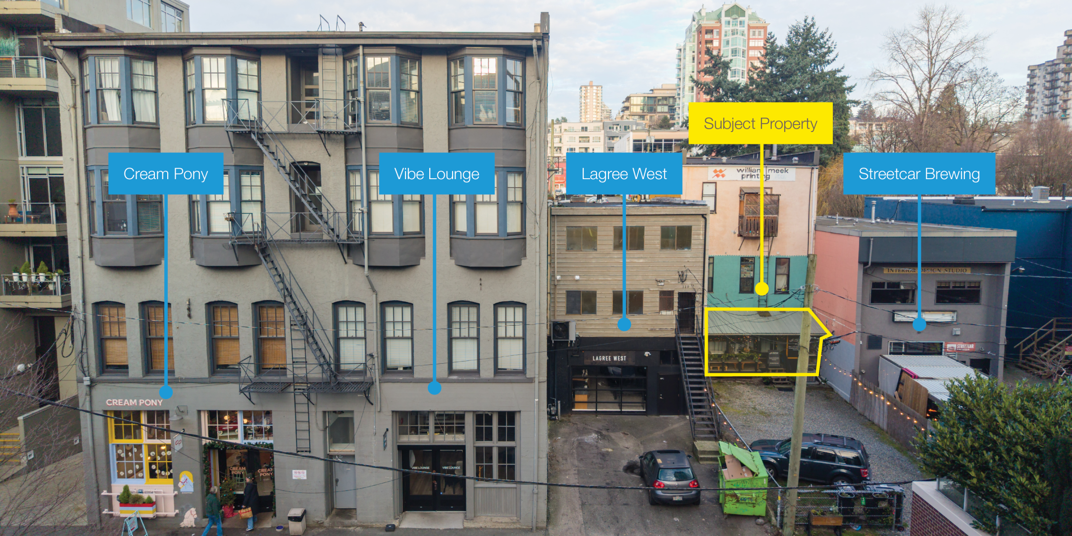 121 East 1st Street exterior with property outlined and neighbouring businesses indicated