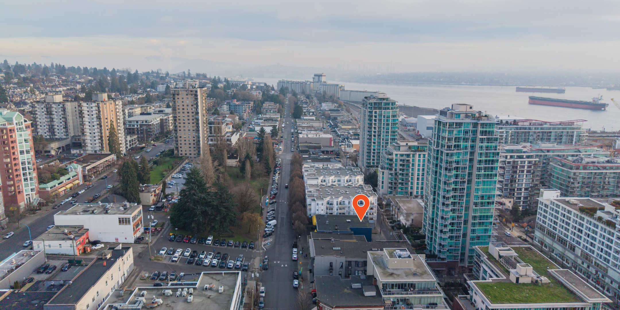127 East 1st Street Aerial with property pinpointed