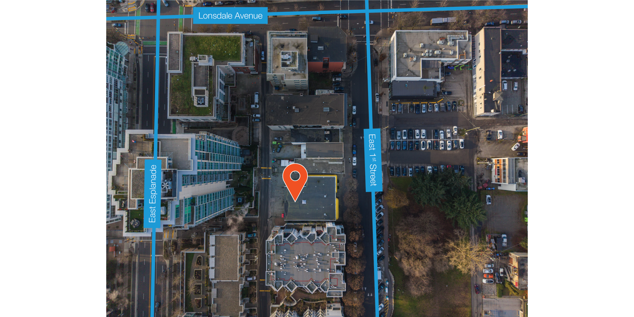 127 East 1st Street Aerial with streets indicated and property pinpointed