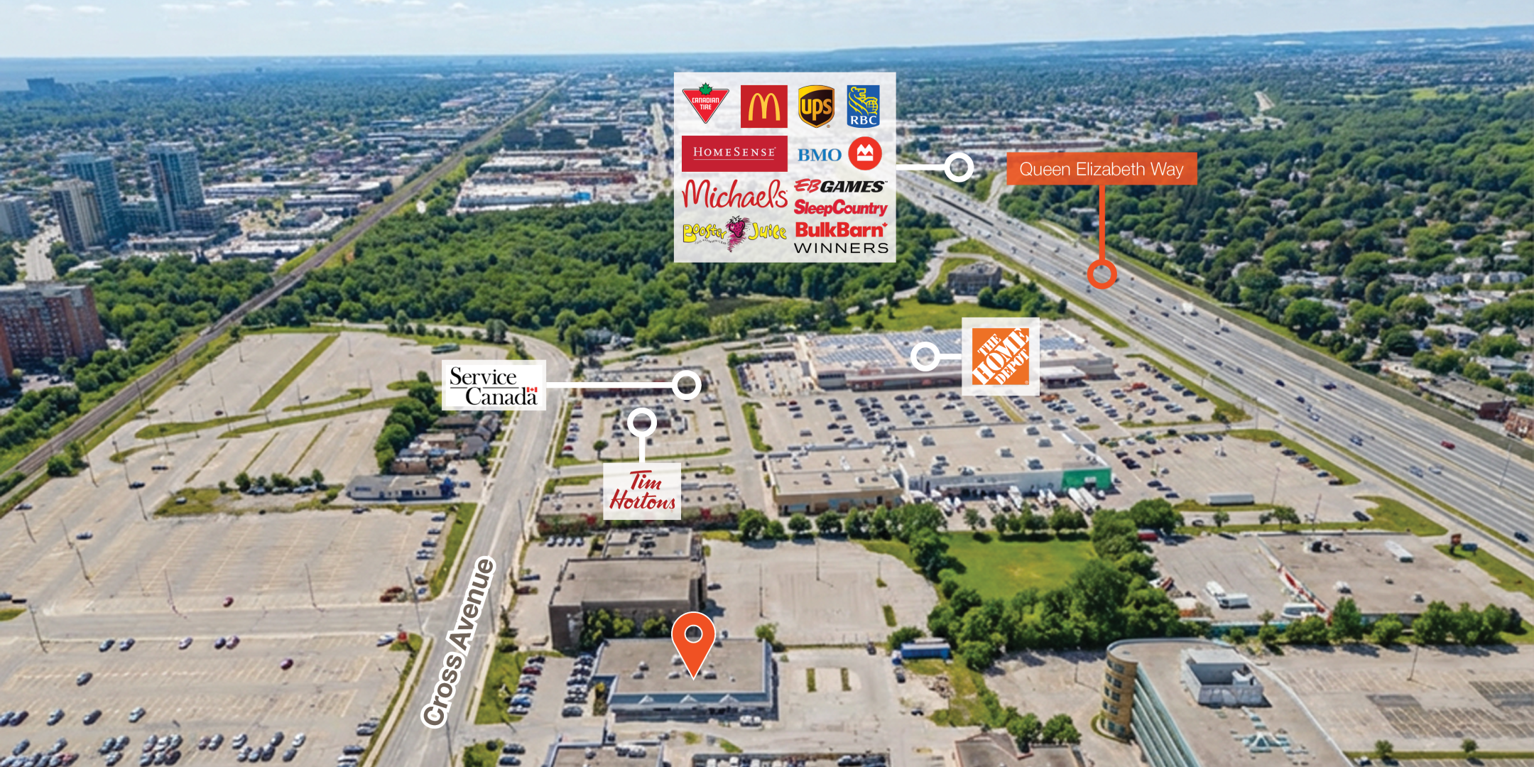 177-187 Cross Avenue and 580 Argus Road aerial south view