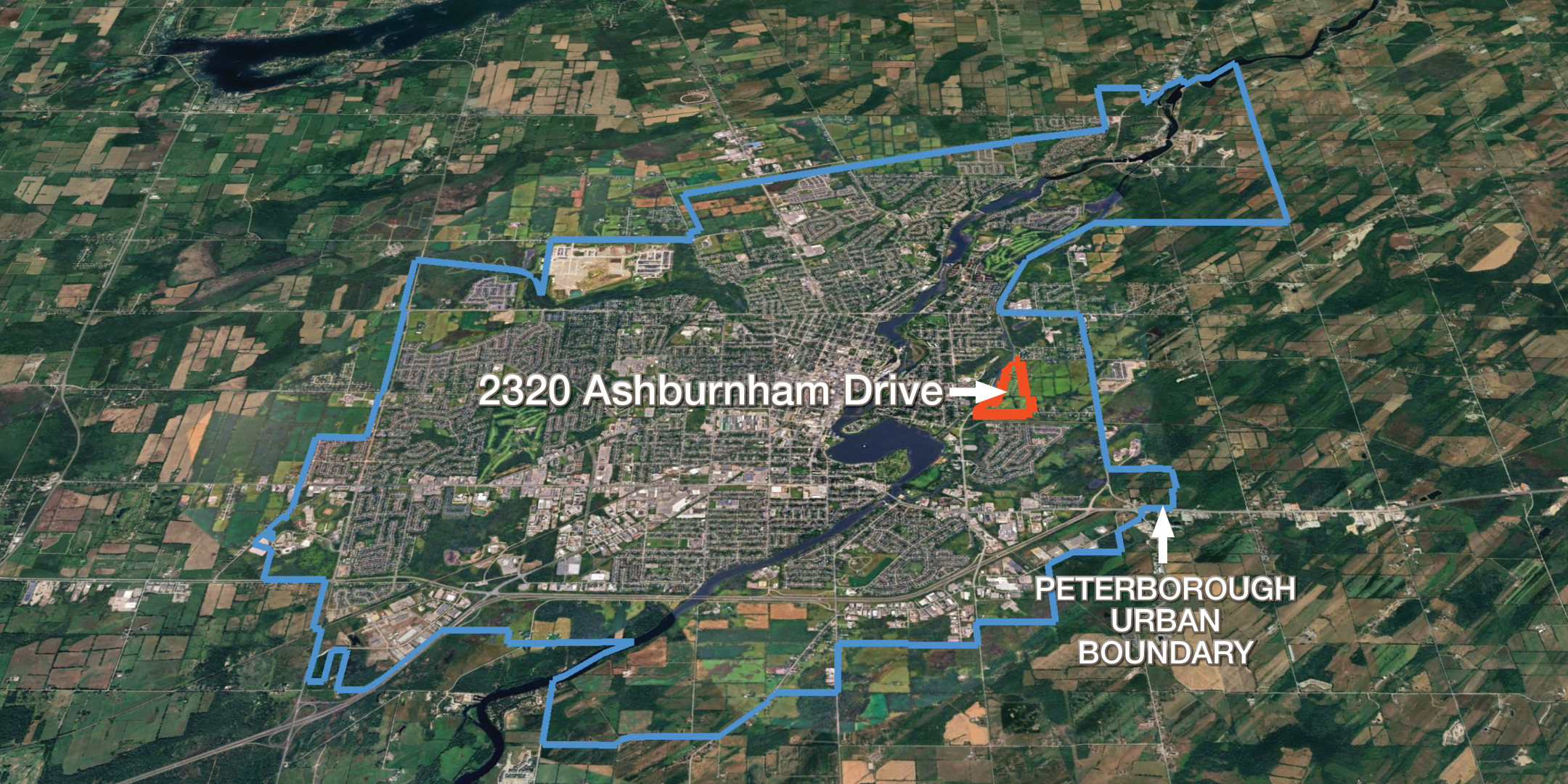 aerial of peterborough urban boundary and property location highlighted in orange