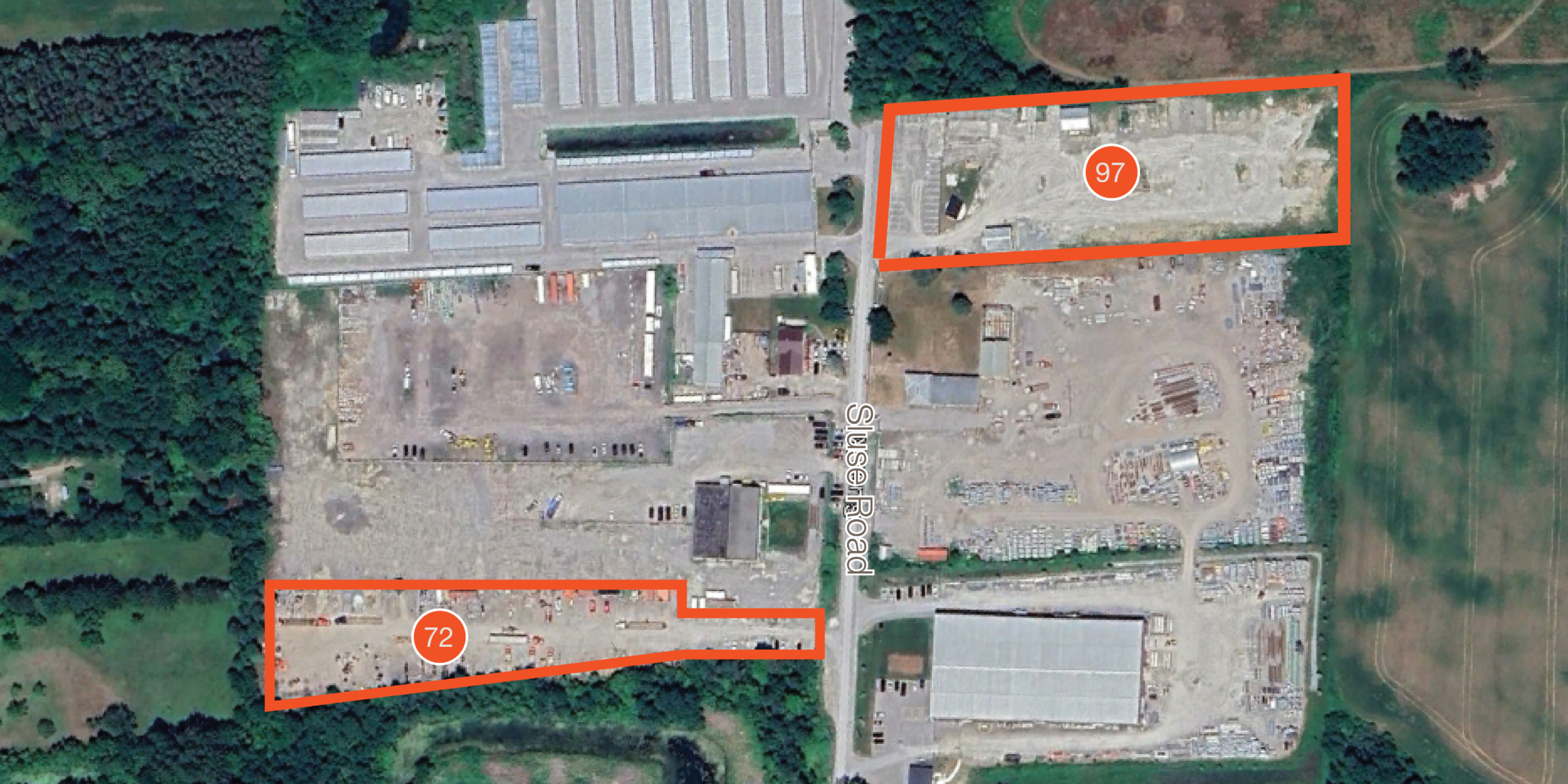 Google Earth Aerial with two land sites outlined in Orange
