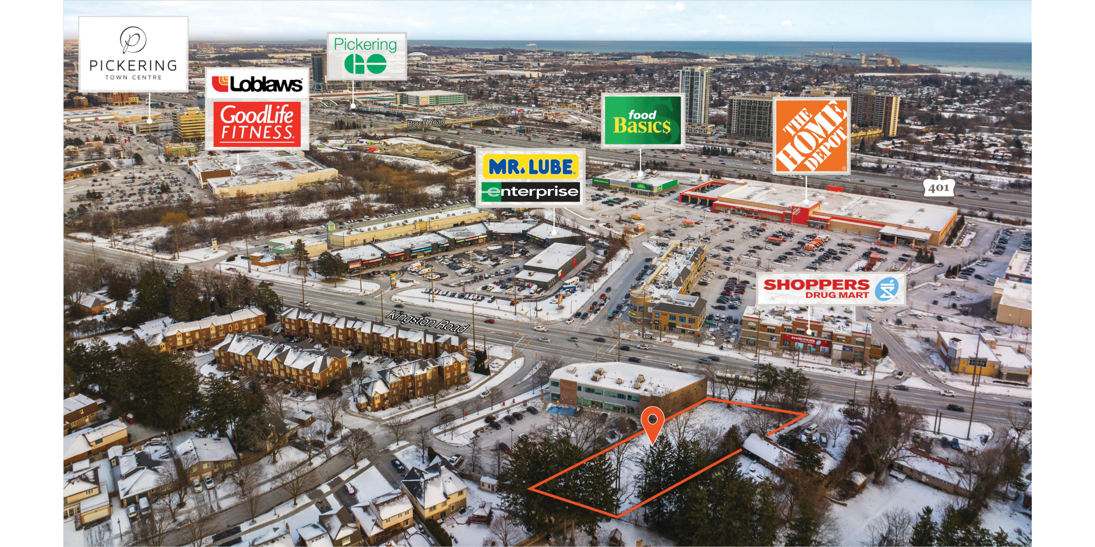 Aerial of Site, with various retailers and logos around the site