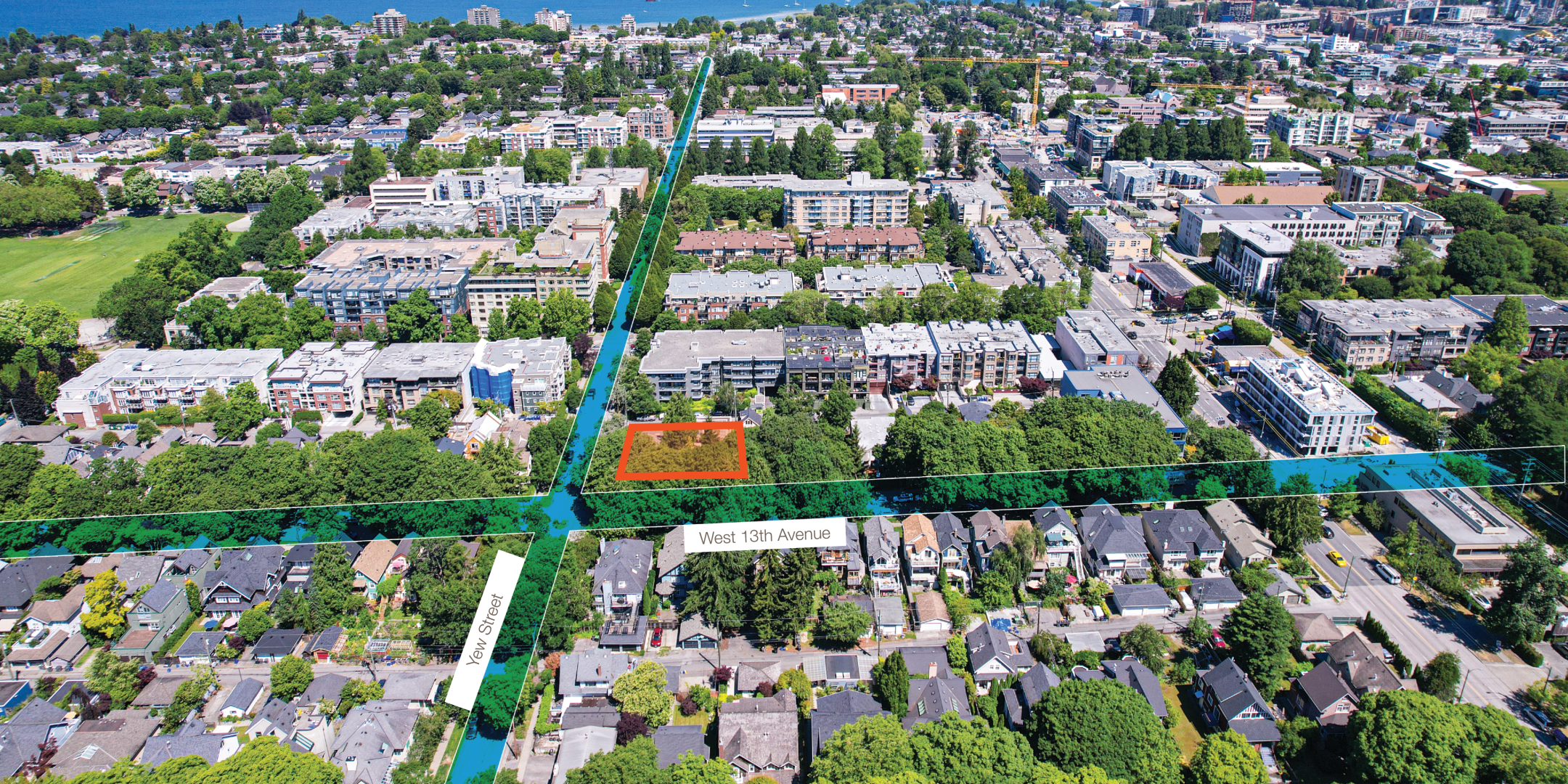 2175-2197 West 13th Avenue aerial with property outlined and main intersection streets indicated