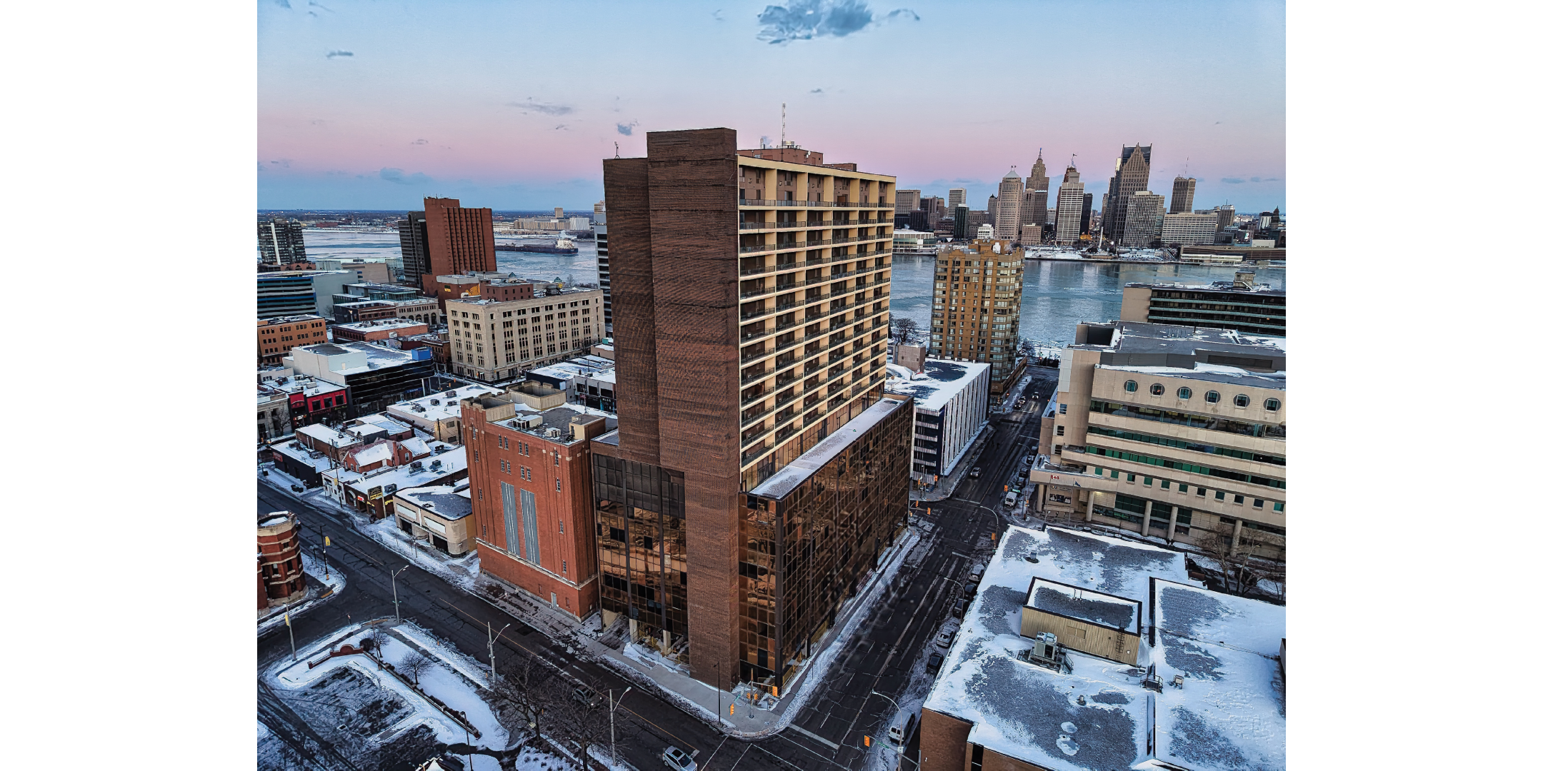Aerial view of 251 Goyeau Street building exterior