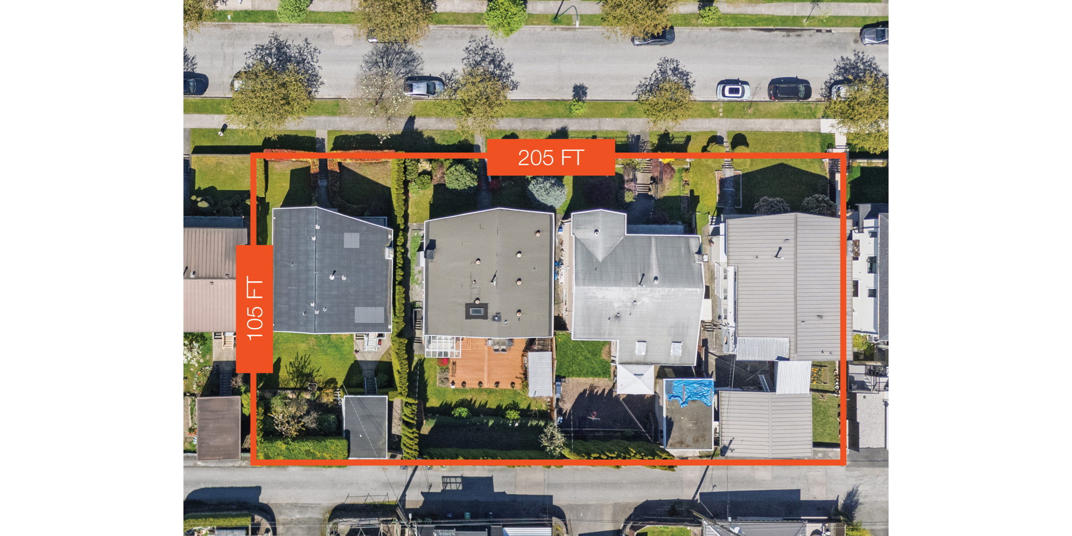 Aerial top-down view of residential lots at 3014–3054 East 14th Avenue with orange outline showing property dimensions labeled “205 ft” width and “105 ft” depth, highlighting multiple single-family homes.