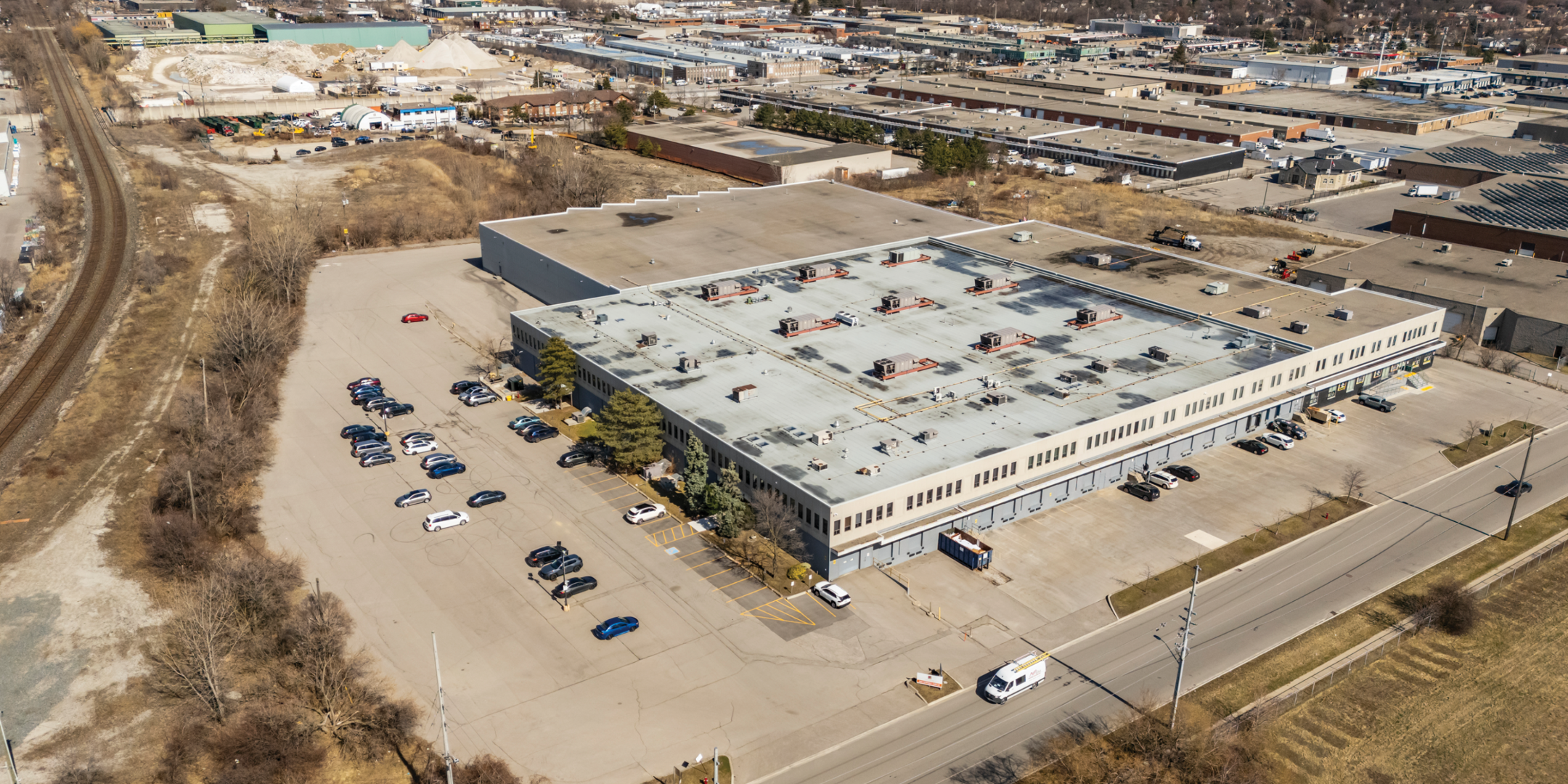 560 Hensall Circle aerial view showing shipping doors
