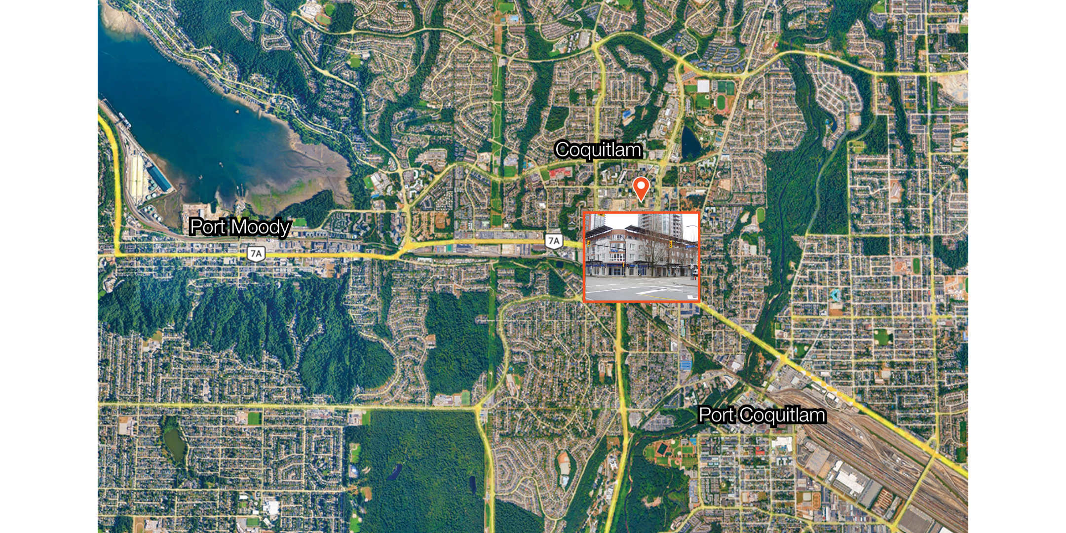 Aerial view map showing Coquitlam, Port Moody, and Port Coquitlam areas. A highlighted marker indicates "1-1161 The High Street," surrounded by roads and greenery.