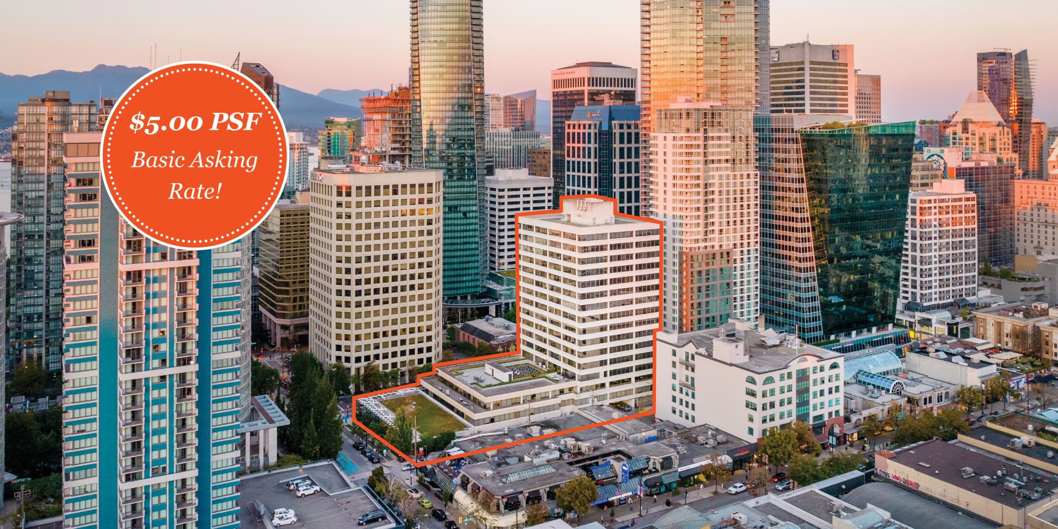 Aerial view of 116 Alberni Street, highlighting a white, multi-story office building with outlined boundaries. Text in an orange circle reads "$5.00 PSF Basic Asking Rate!" The skyline features modern skyscrapers. 
