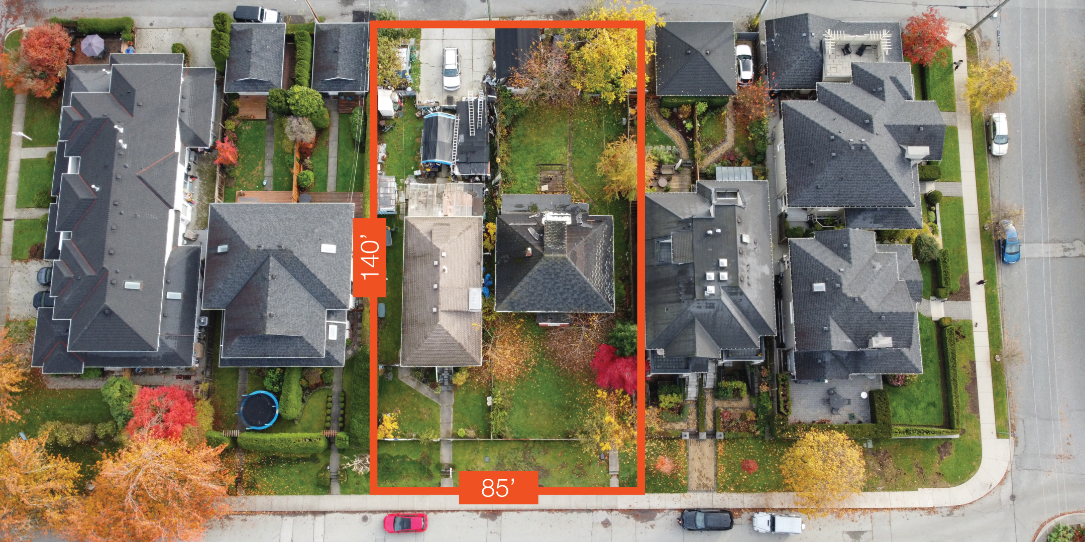 1628-1632 Mahon Avenue bird's eye view with property outlined and frontage and depth indicated