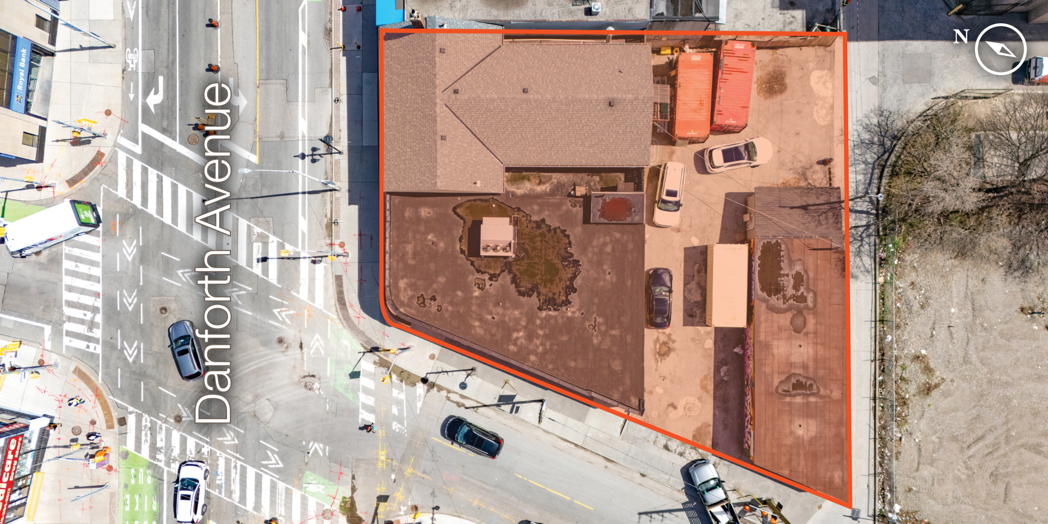 2777 Danforth Avenue Aerial view of the outlined corner property at Danforth Avenue and Dawes Road
