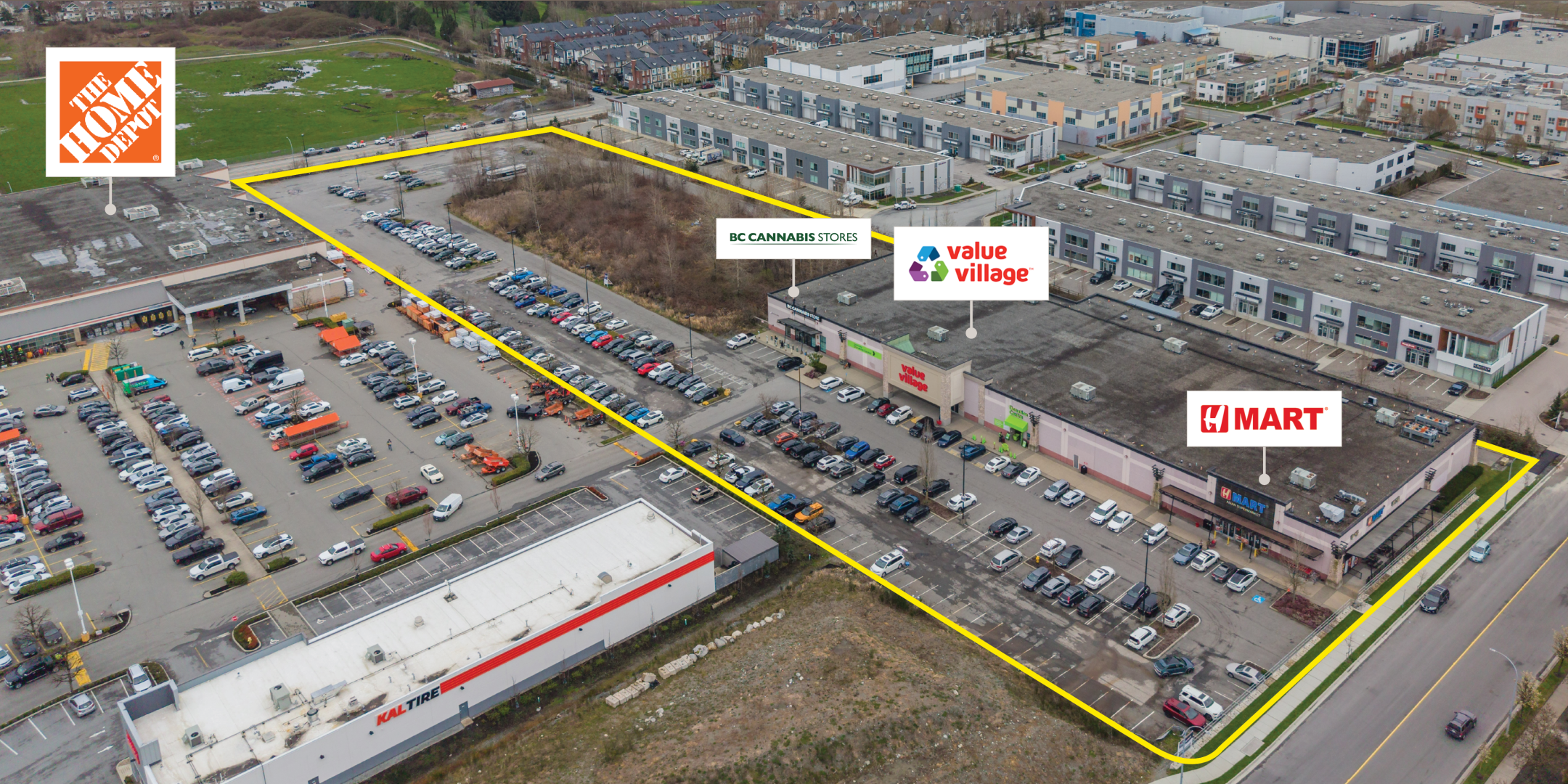 970 Dominion Avenue & 985 Nicola Avenue Aerial with property outlined and neighbouring retail indicated
