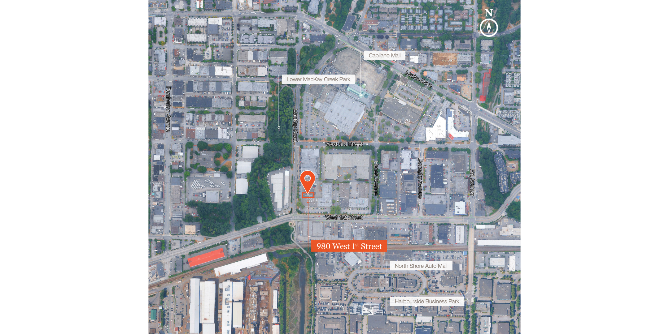 Map showing an aerial view of Unit 105 - 980 West 1st Street 