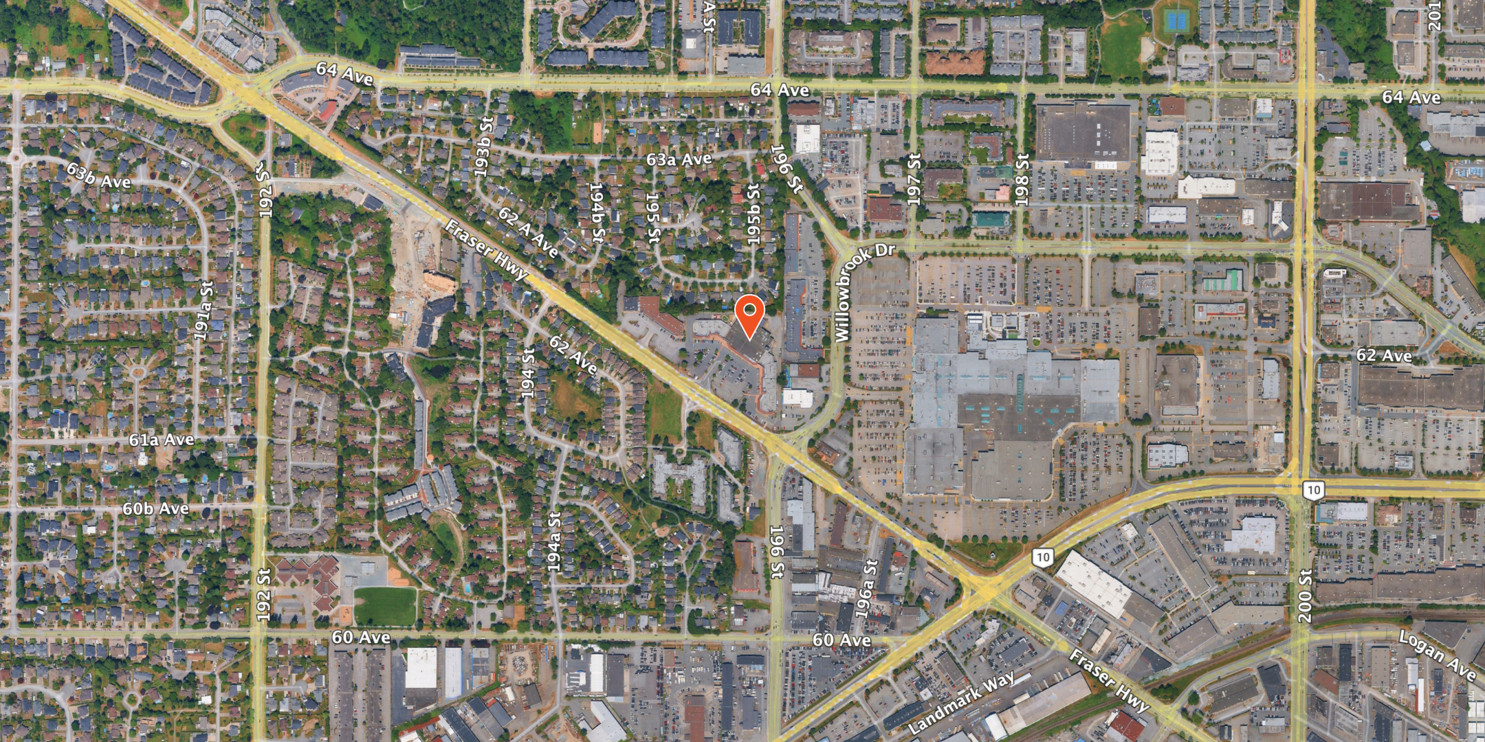 Top-down aerial view of a map with a location pin on 19555 Fraser Highway building