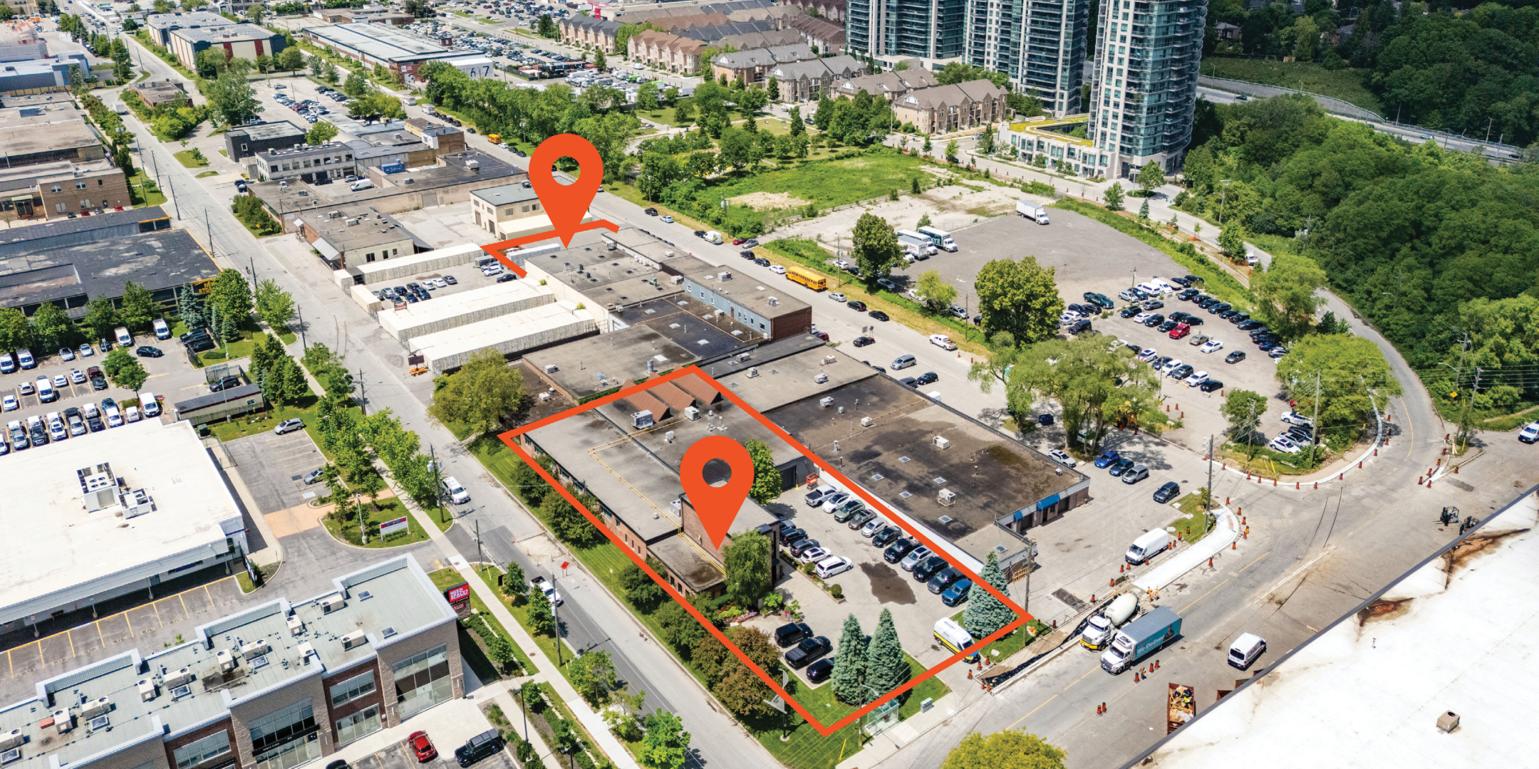 Aerial of Leaside Business Park with orange pins at 200 Wicksteed Avenue & 59 Research Road