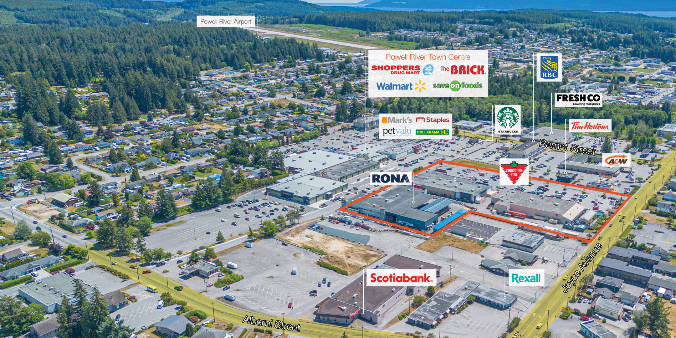 Aerial view Powell River Power Centre and it's stores, as well as highlighting surrounding retailers and the main intersection of Joyce Avenue and Alberni Street