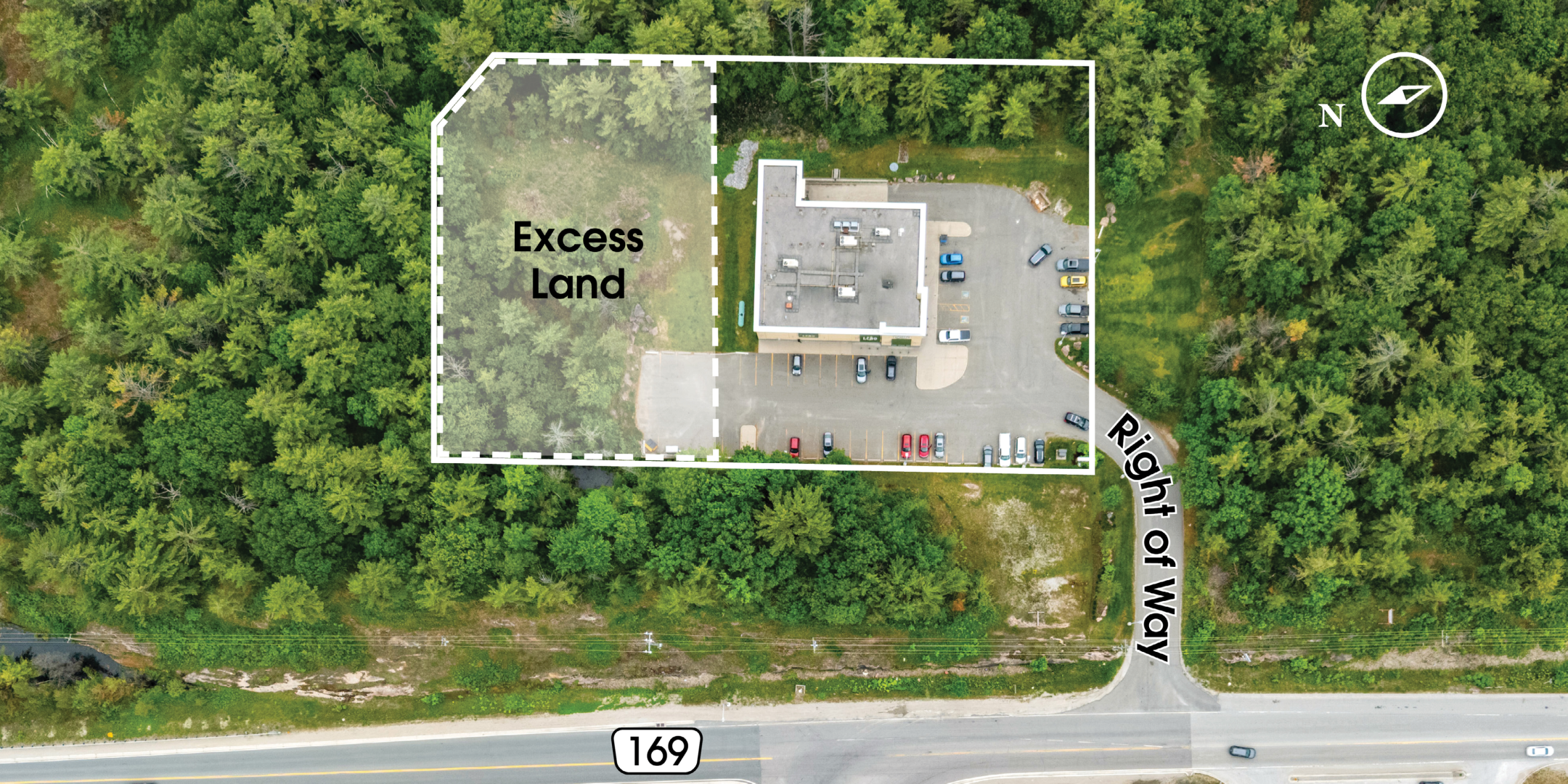 Bird's Eye view of standalone LCBO property with property boundaries highlighted including excess land