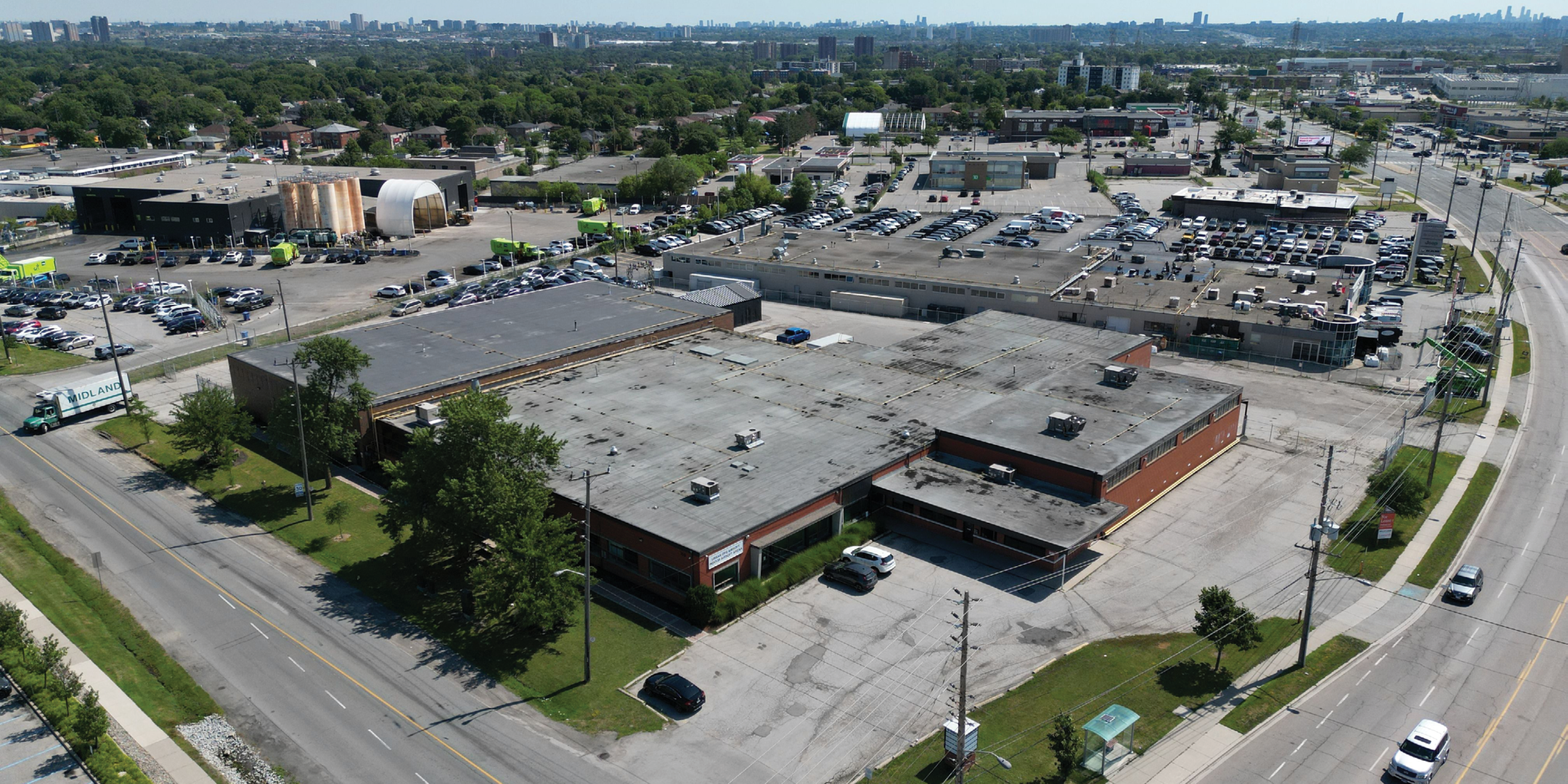aerial of red brick industrial building