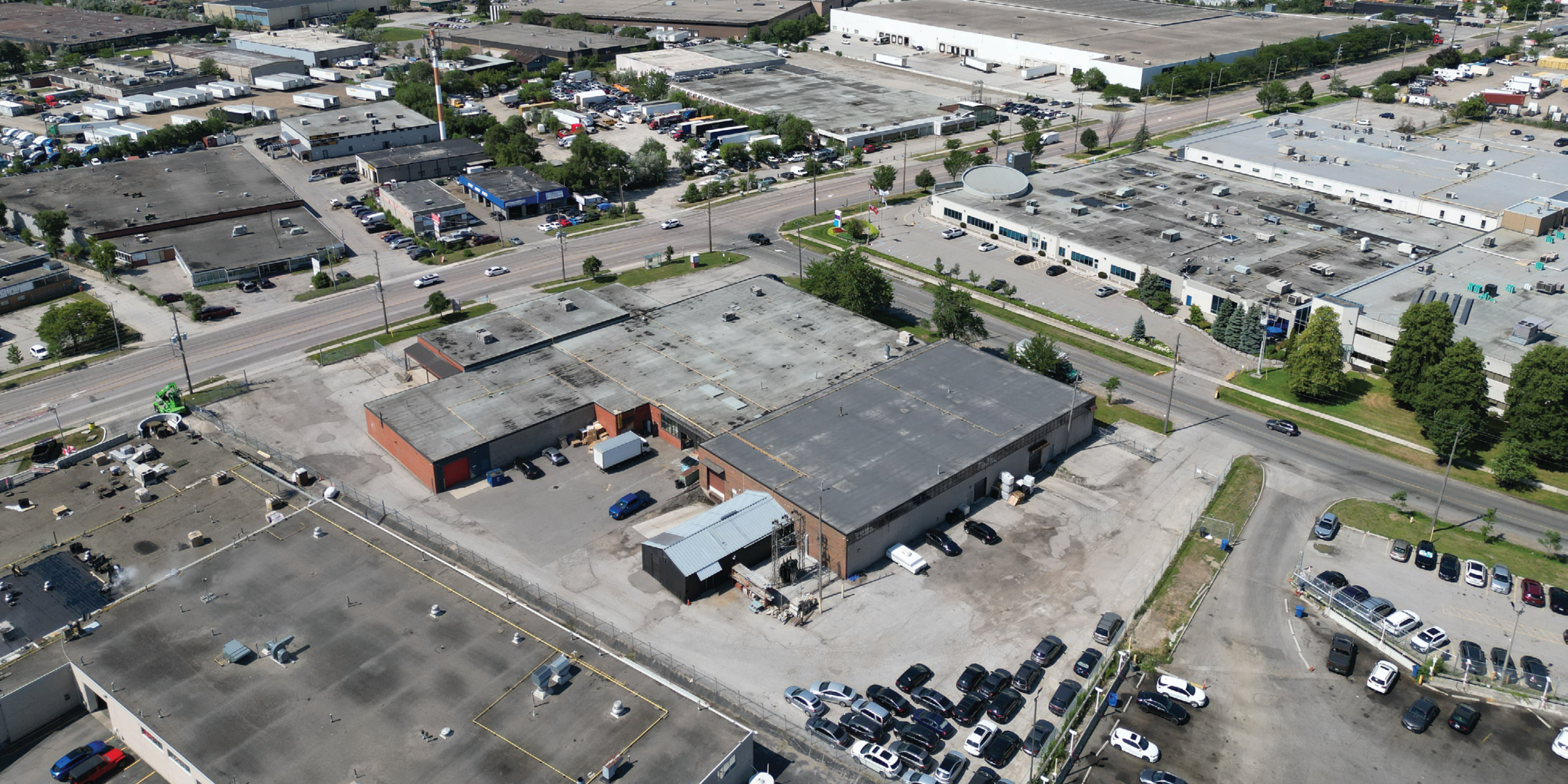 aerial of red brick industrial building