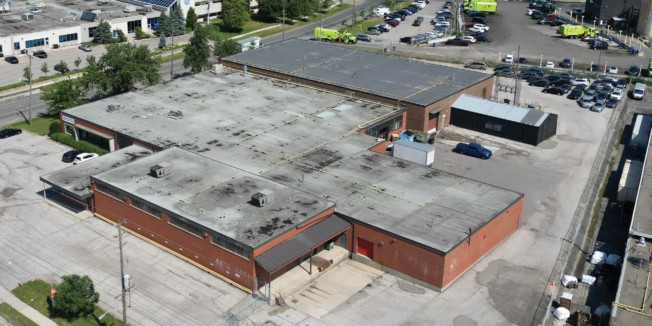 aerial of red brick industrial building