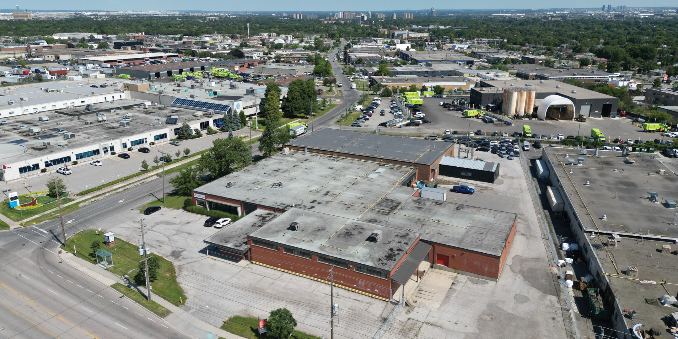 aerial of red brick industrial building
