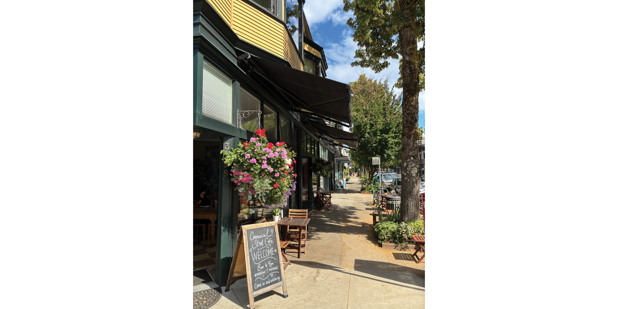 View of the sidewalk in front of 3589-3599 Commercial Street