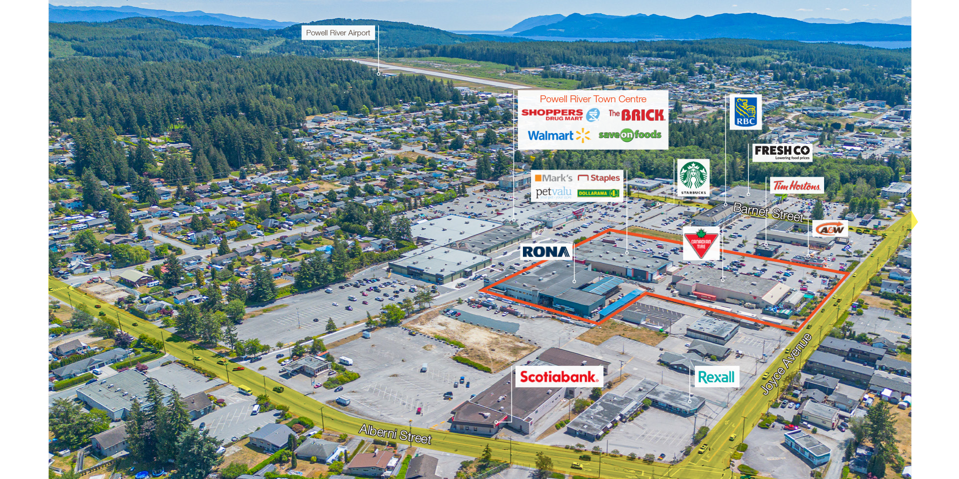 Aerial map of Powell River Power Centre, highlighting nearby businesses and the main intersection of Alberni Street and Joyce Avenue