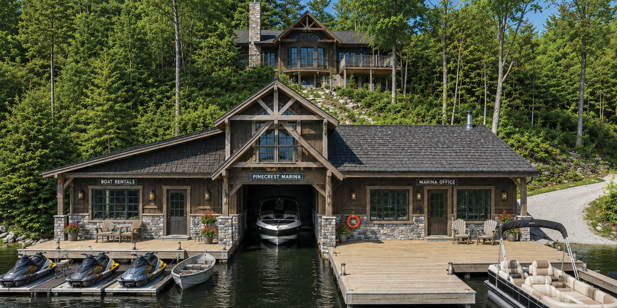832 Northeys Bay Road Redevelopment Rendering of Cottage & Boat Launch