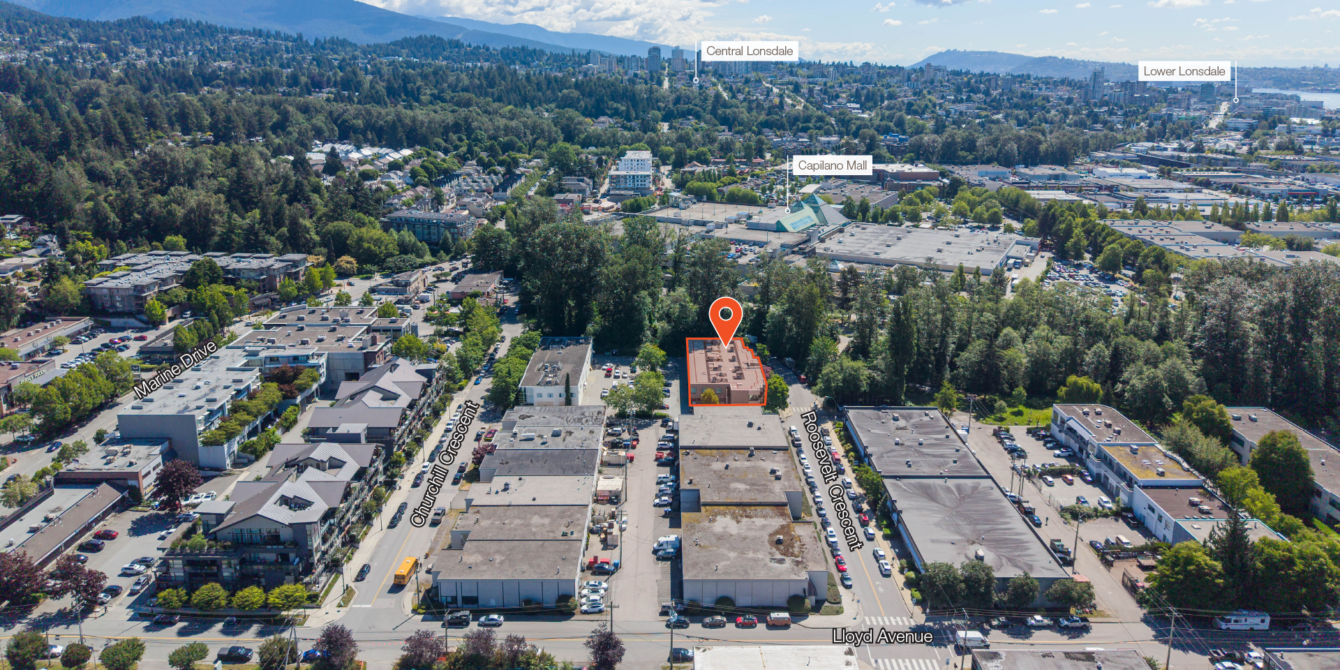 Aerial view of 1000 Roosevelt Crescent showing Capilano Mall, Central and Lower Lonsdale in the distance