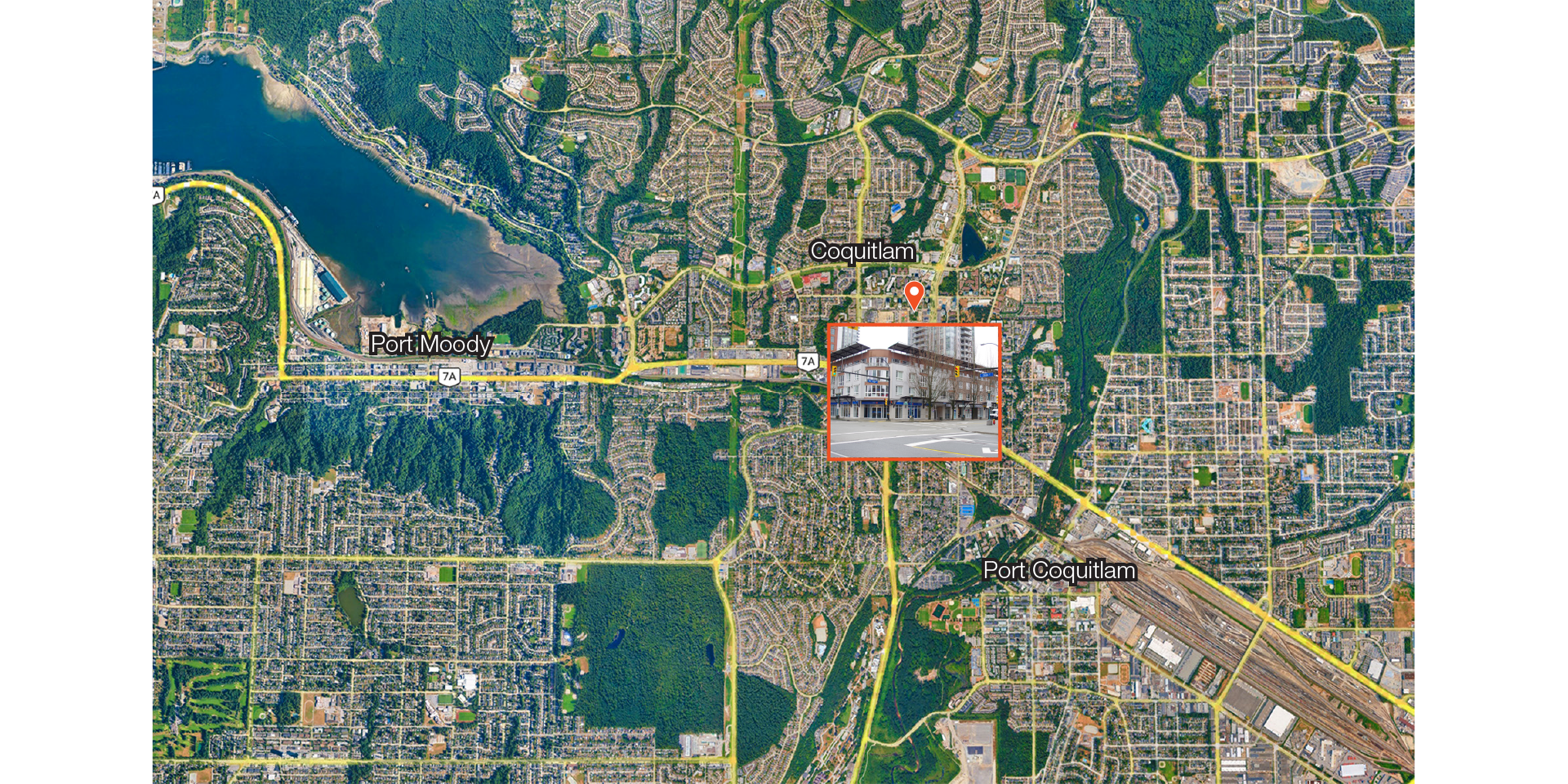 Aerial view of 1161 The High Street, highlighting Port Moody, Coquitlam, and Port Coquitlam