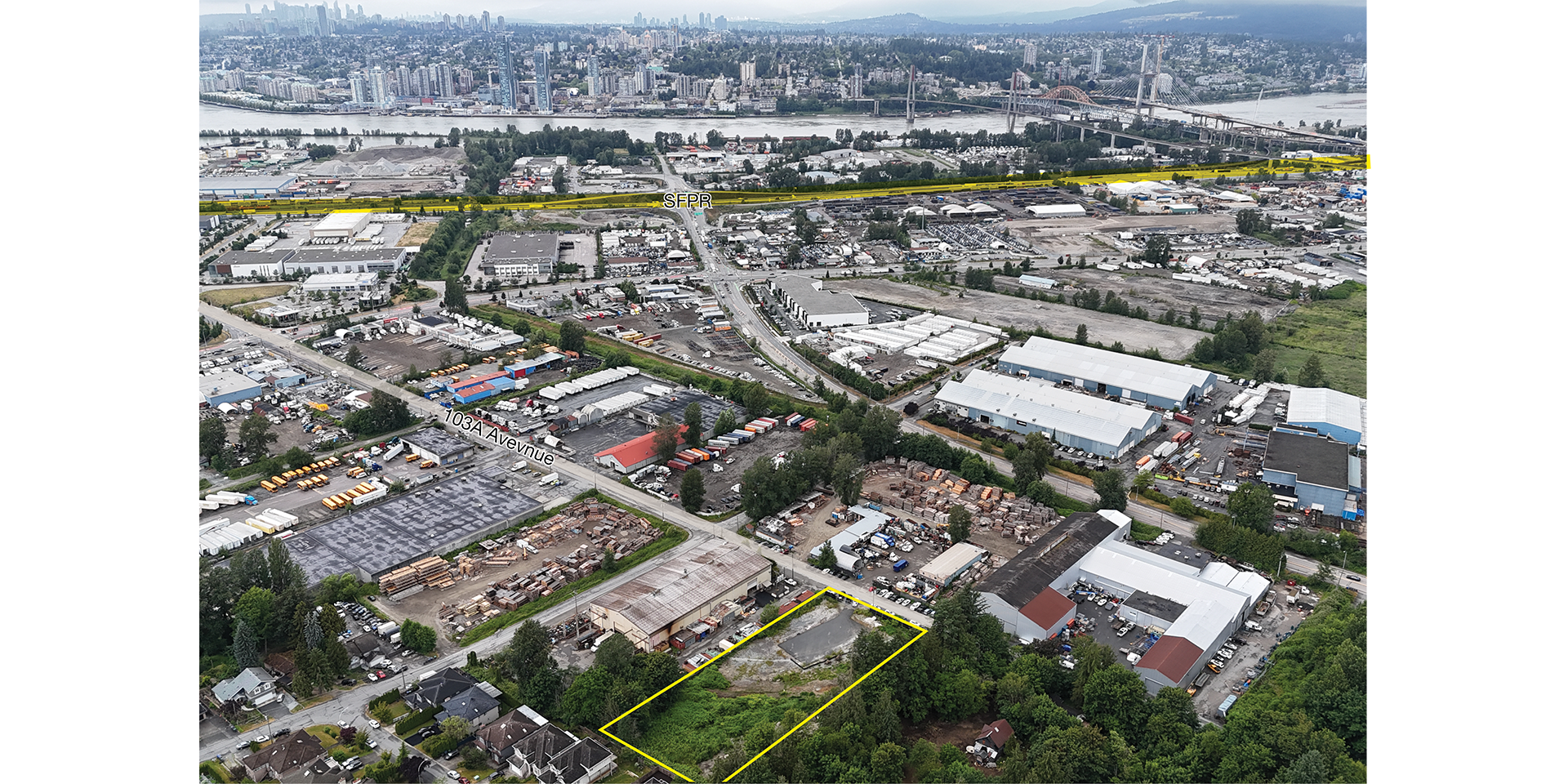 12258 103A Avenue aerial with property outlined and highways indicated