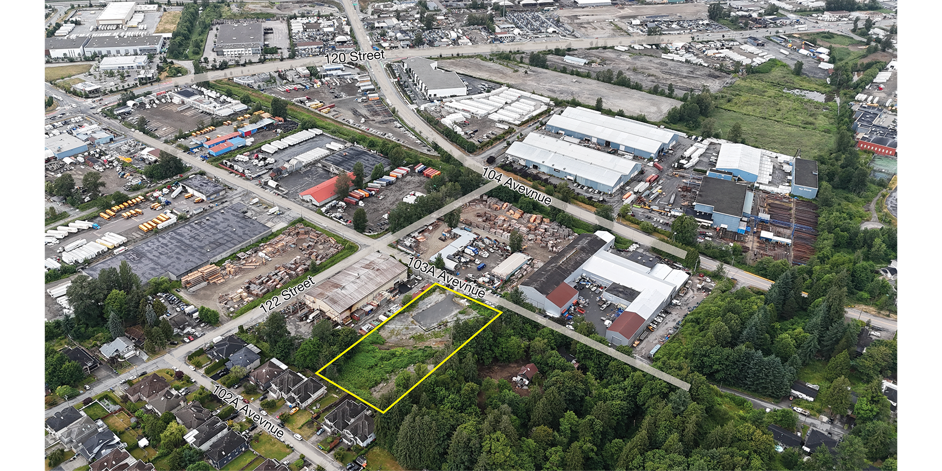 12258 103A Avenue aerial with property outlined and highways indicated