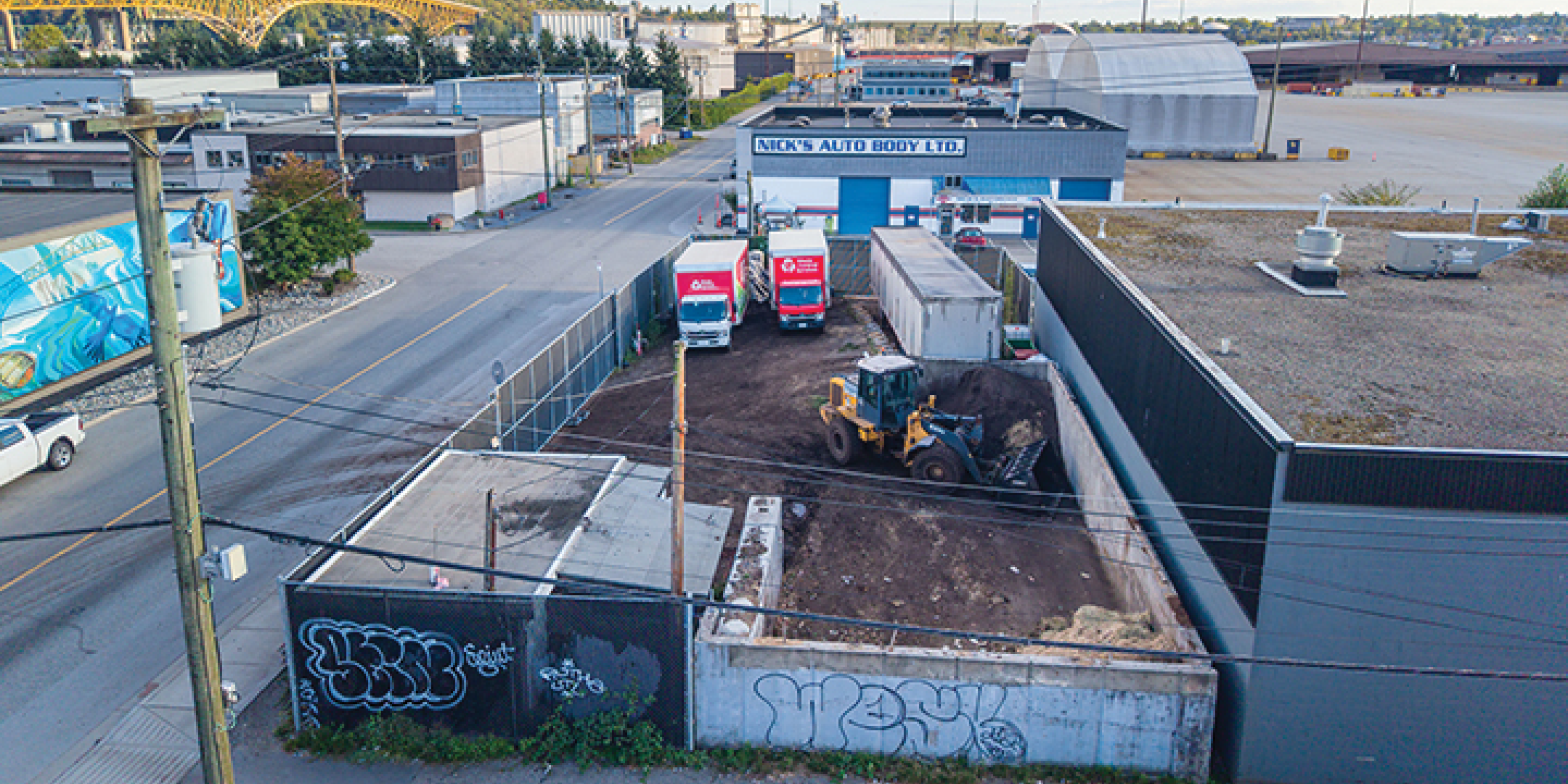 Aerial View of 1490 Columbia Street, including the industrial yard.