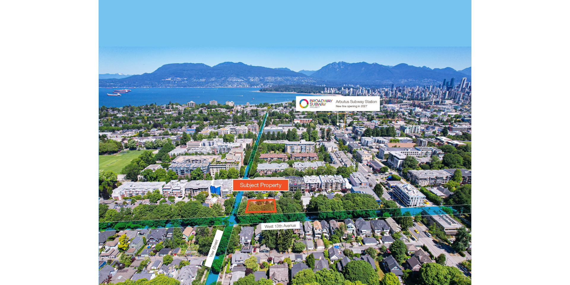 2175-2197 West 13th Avenue aerial with property outlined and main intersection streets indicated, and future Arbutus subway station highlighted in the distance