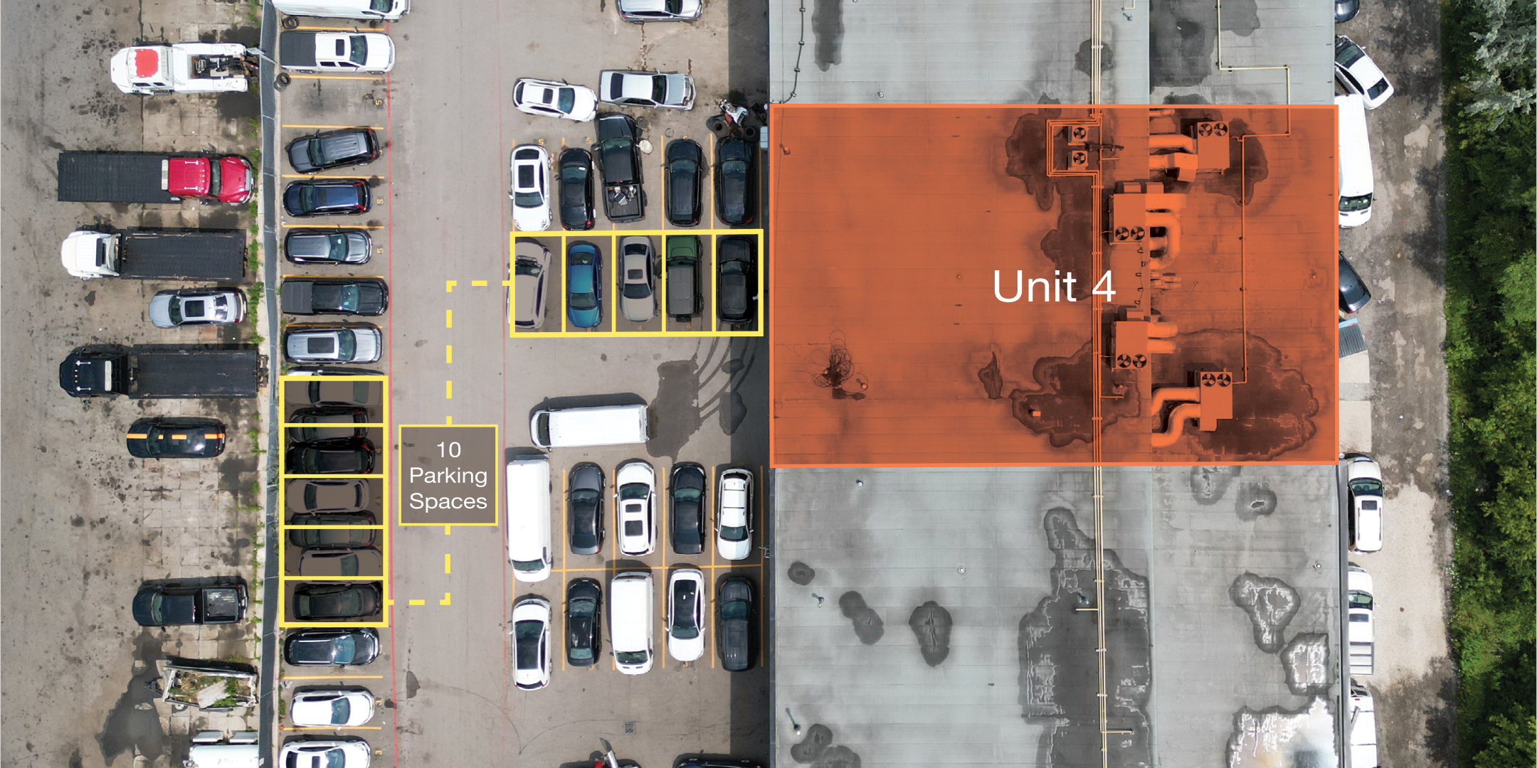 255b Rutherford Road S, Unit 4 outlined in orange with parking spots