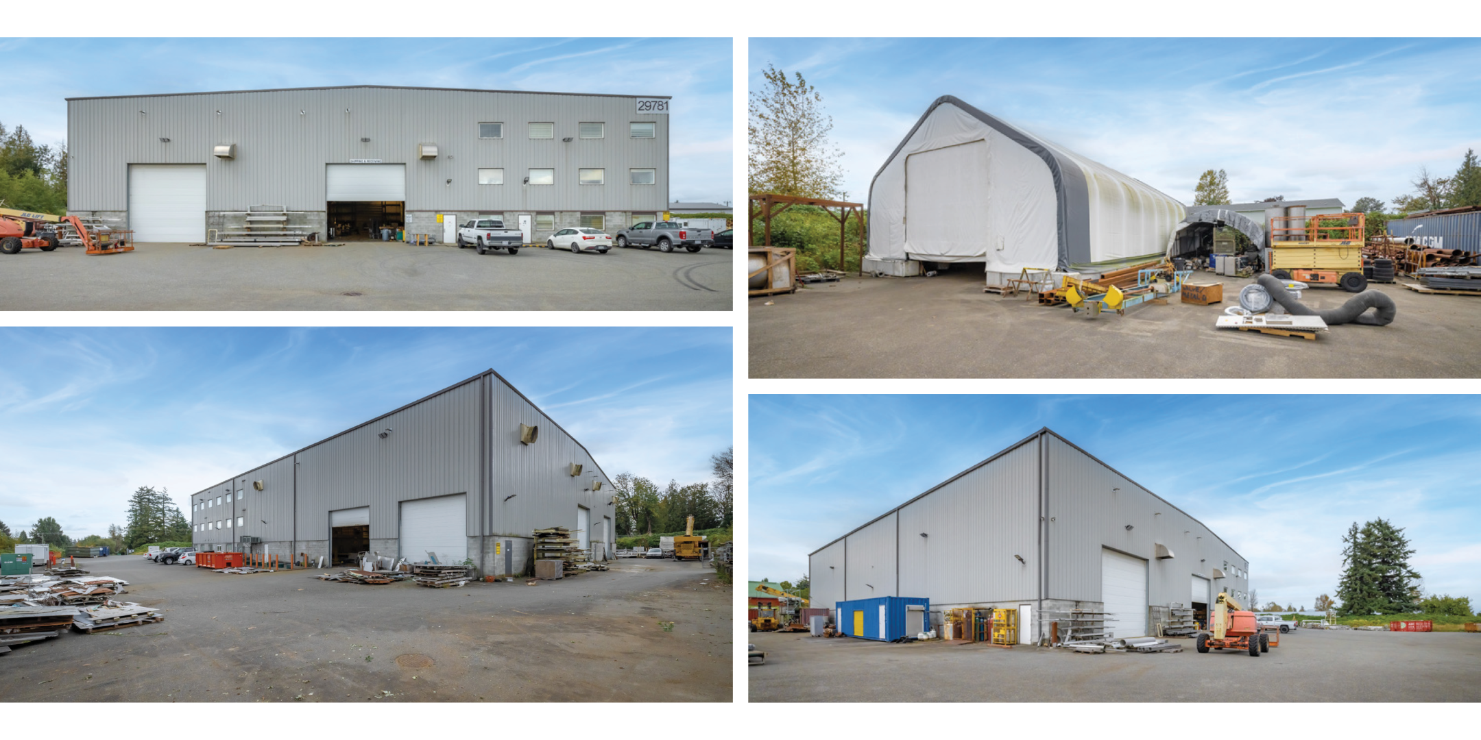 29781 Fraser Highway building exterior showing main entrance, parking, loading doors, and Quonset