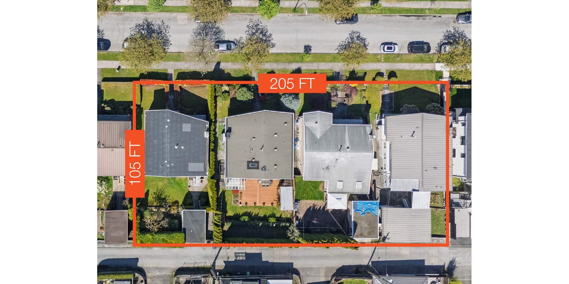 Aerial top-down view of residential lots at 3014–3054 East 14th Avenue with orange outline showing property dimensions labeled “205 ft” width and “105 ft” depth, highlighting multiple single-family homes.