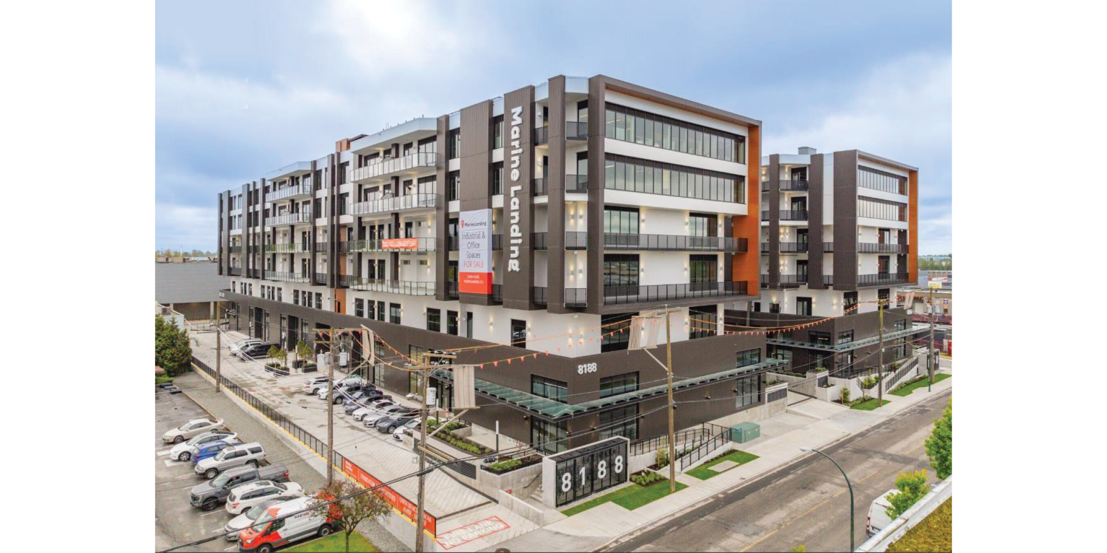 8188 Manitoba Street building exterior showing street corner, parking, and main entrance