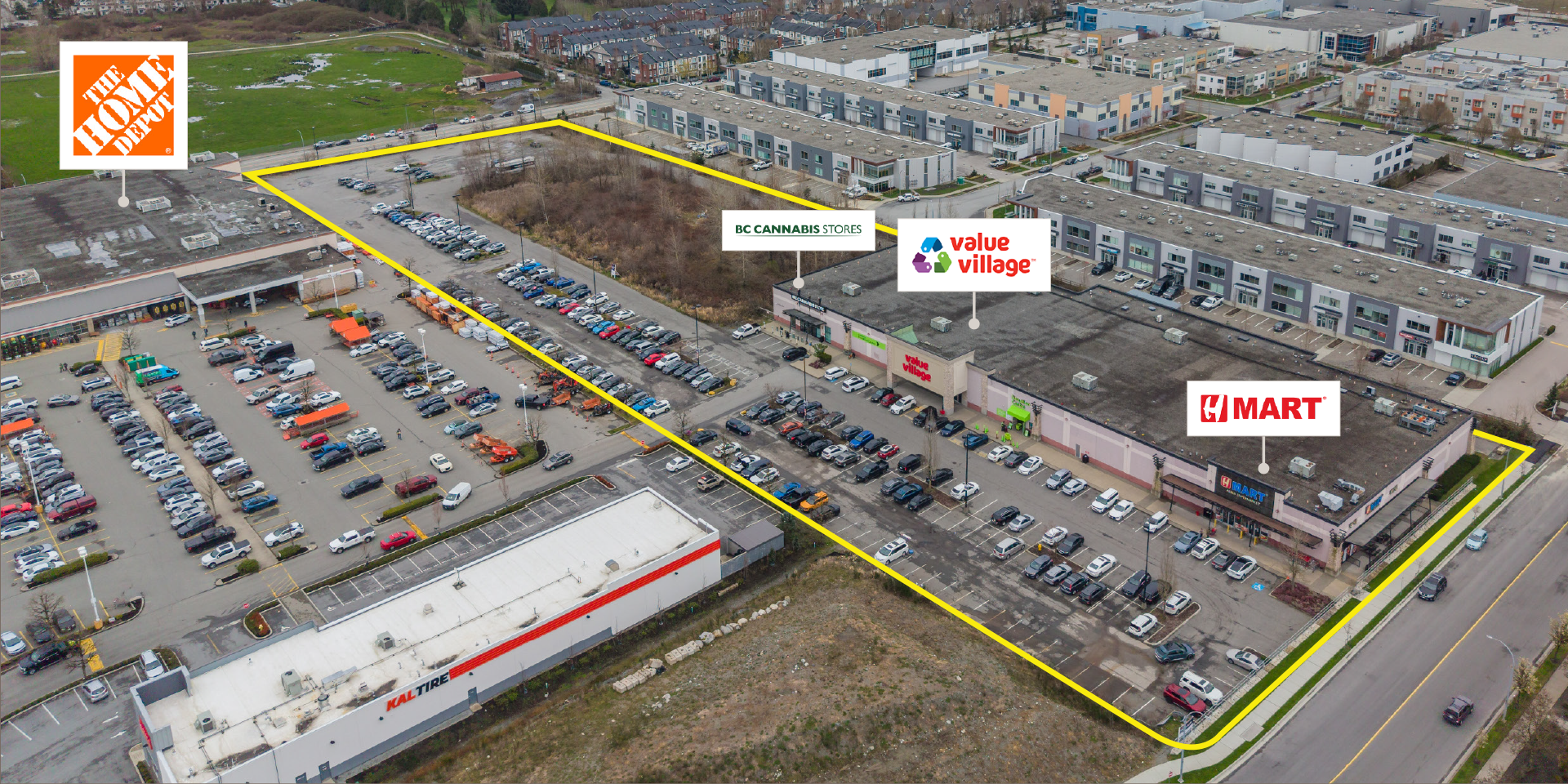 Aerial view of 970 Dominion & 985 Nicola Avenue, highlighting Home Depot, BC Cannabis, Value Village, an H-Mart
