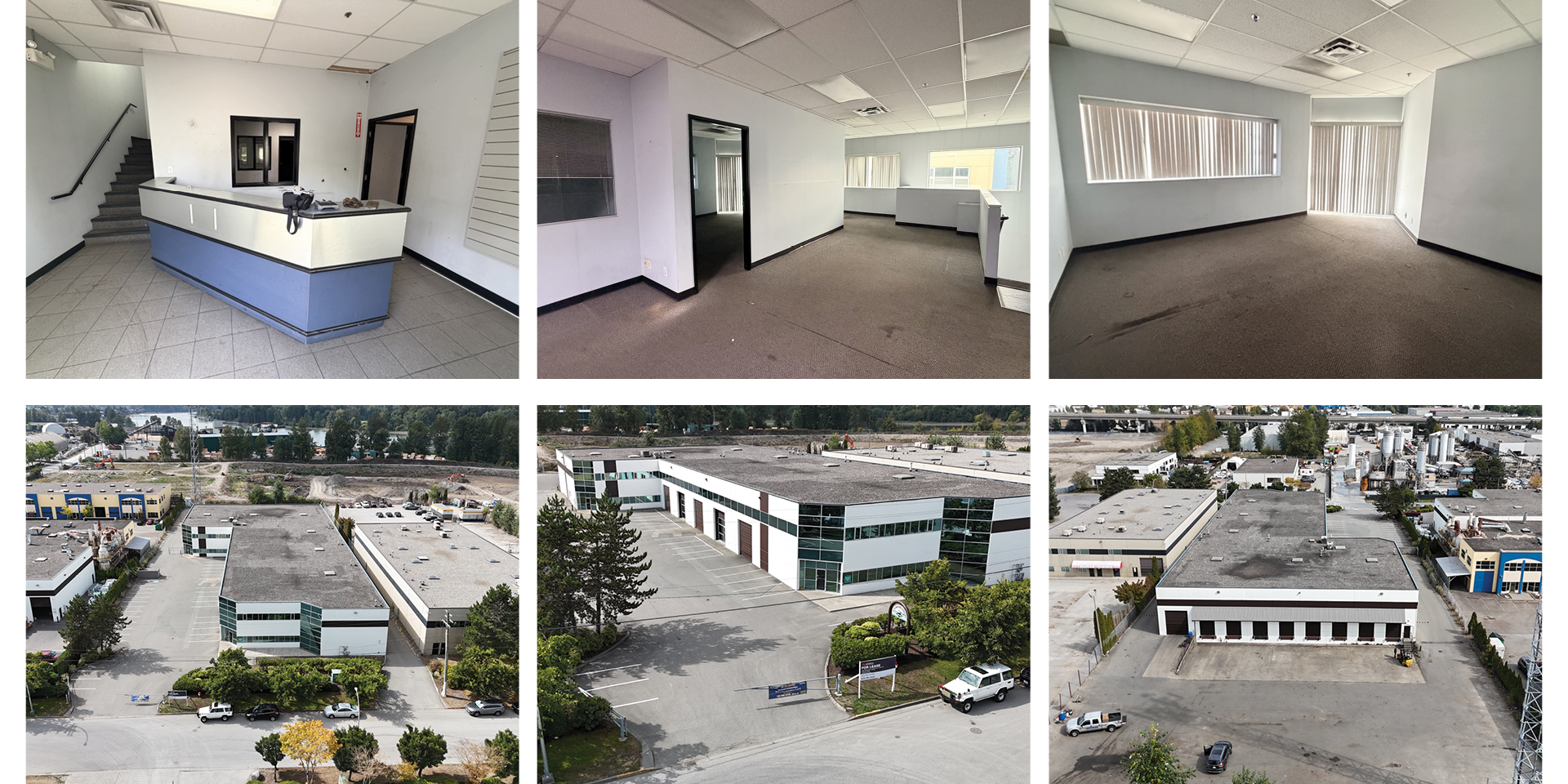 10167 199B Street building interior office and reception and building exterior aerial image collage
