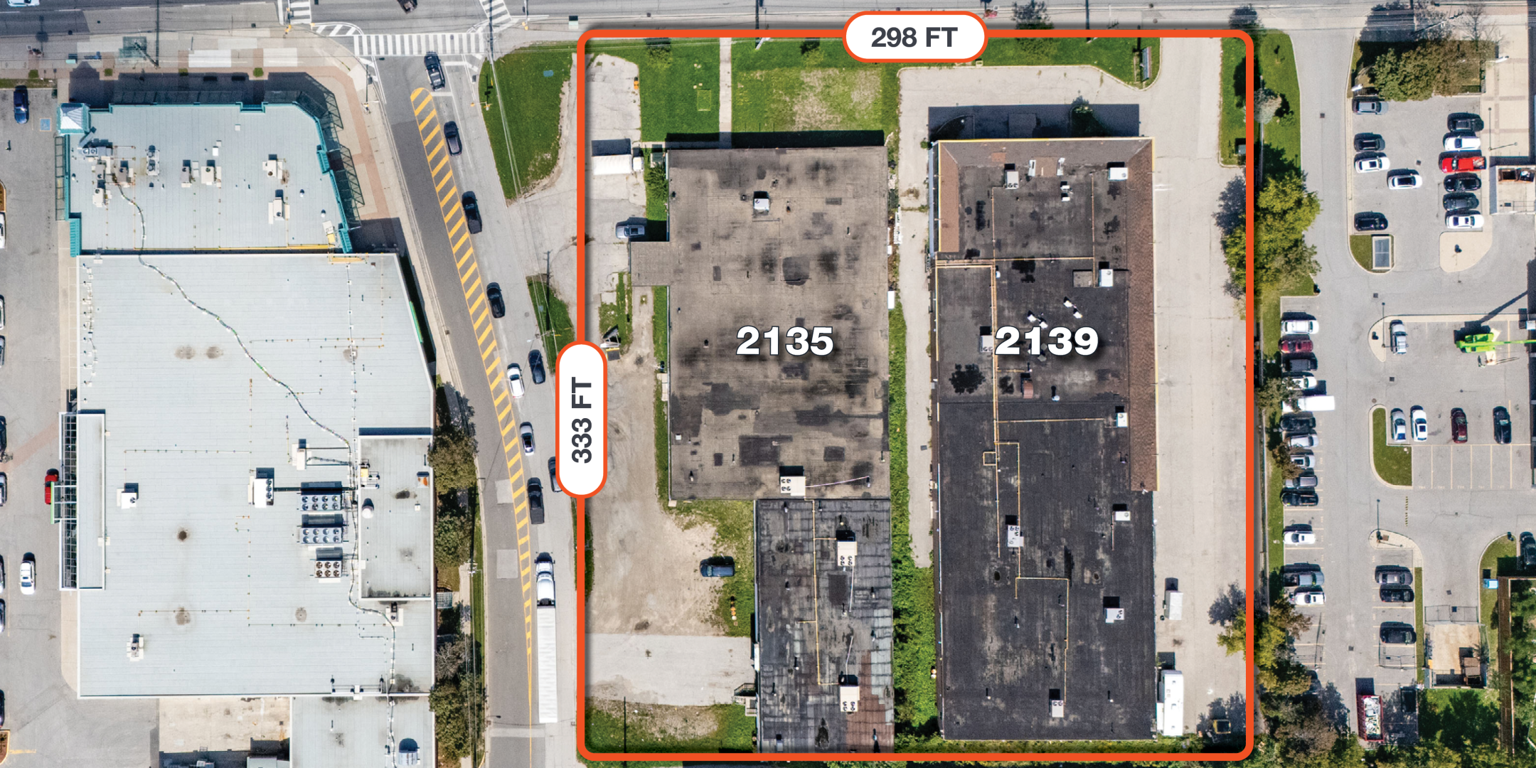 2135-2139 Lawrence Avenue E aerial shot of buildings with frontage