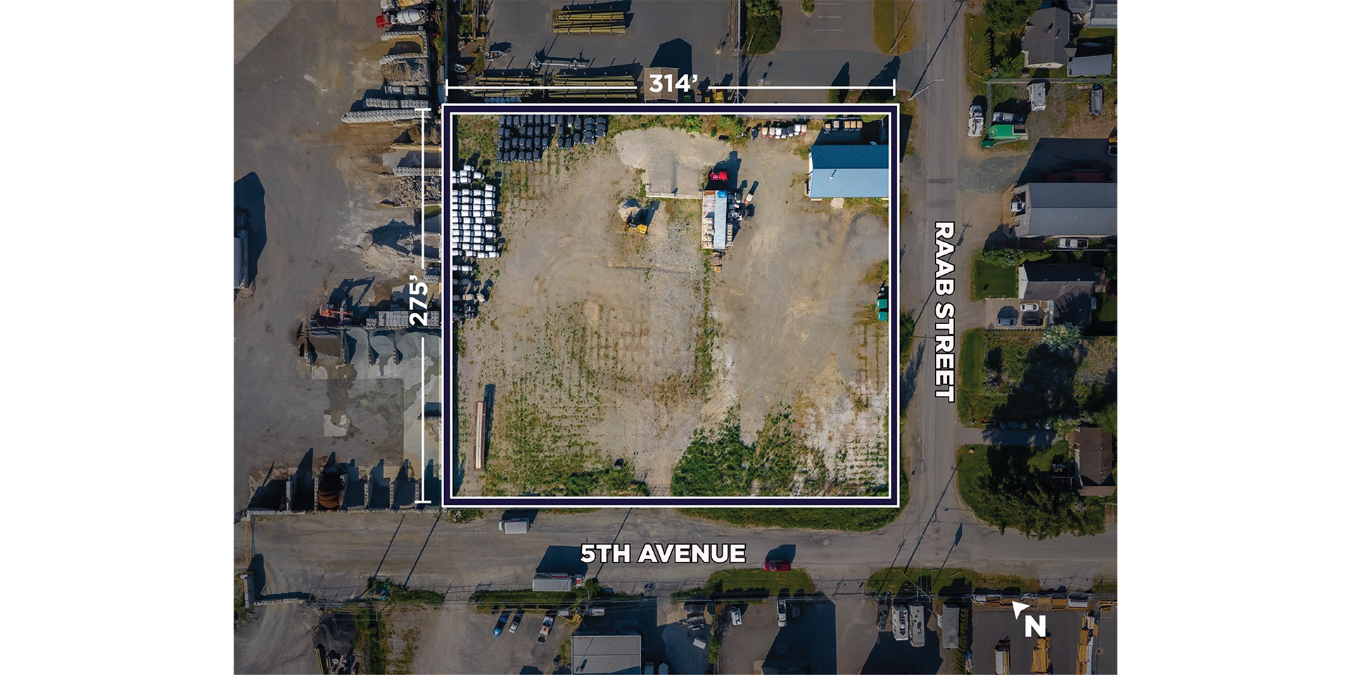 545 Raab Street aerial with property outlined and roads indicated