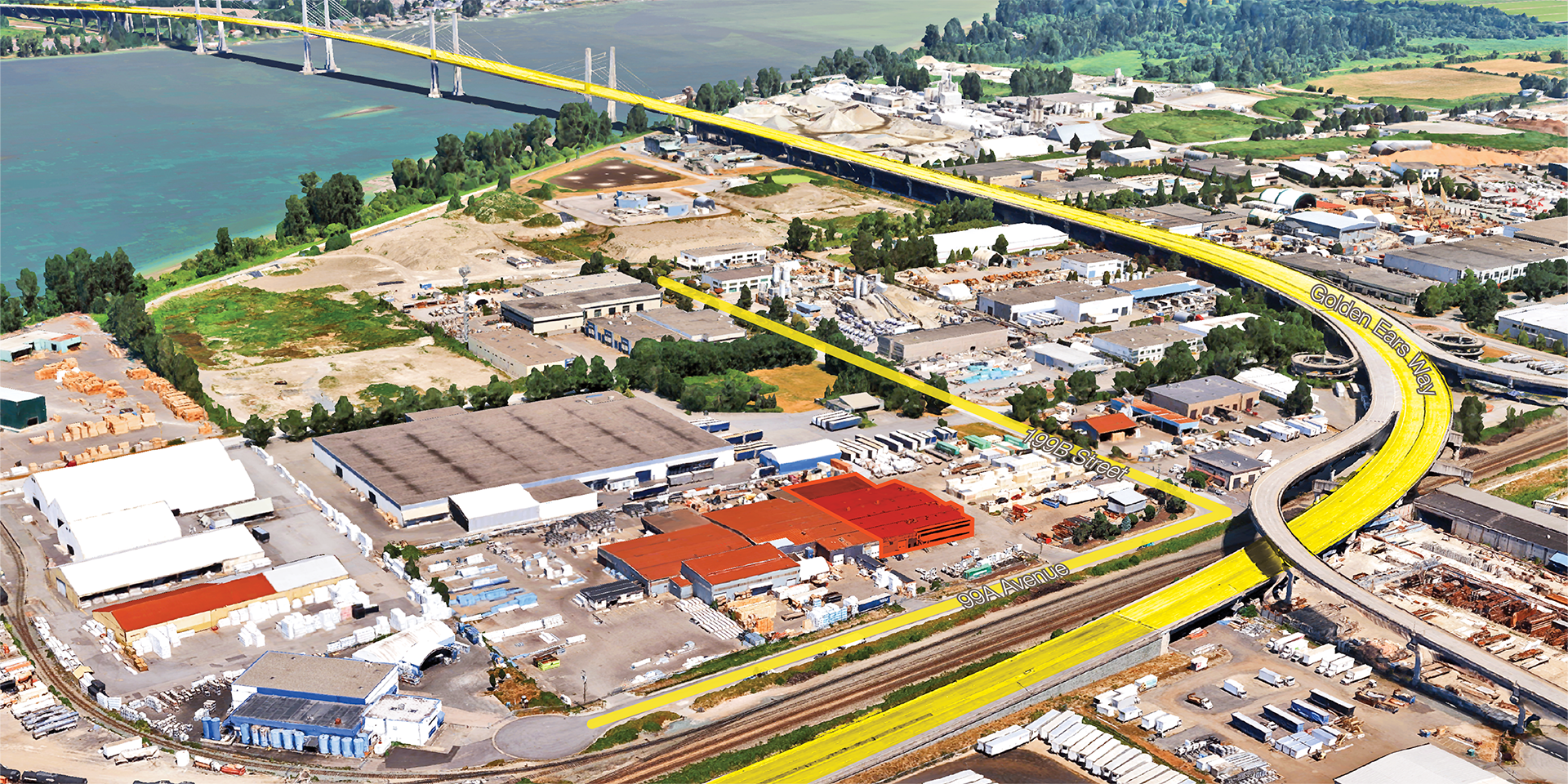 9975 199B Avenue building aerial with property highlighted and main streets indicated