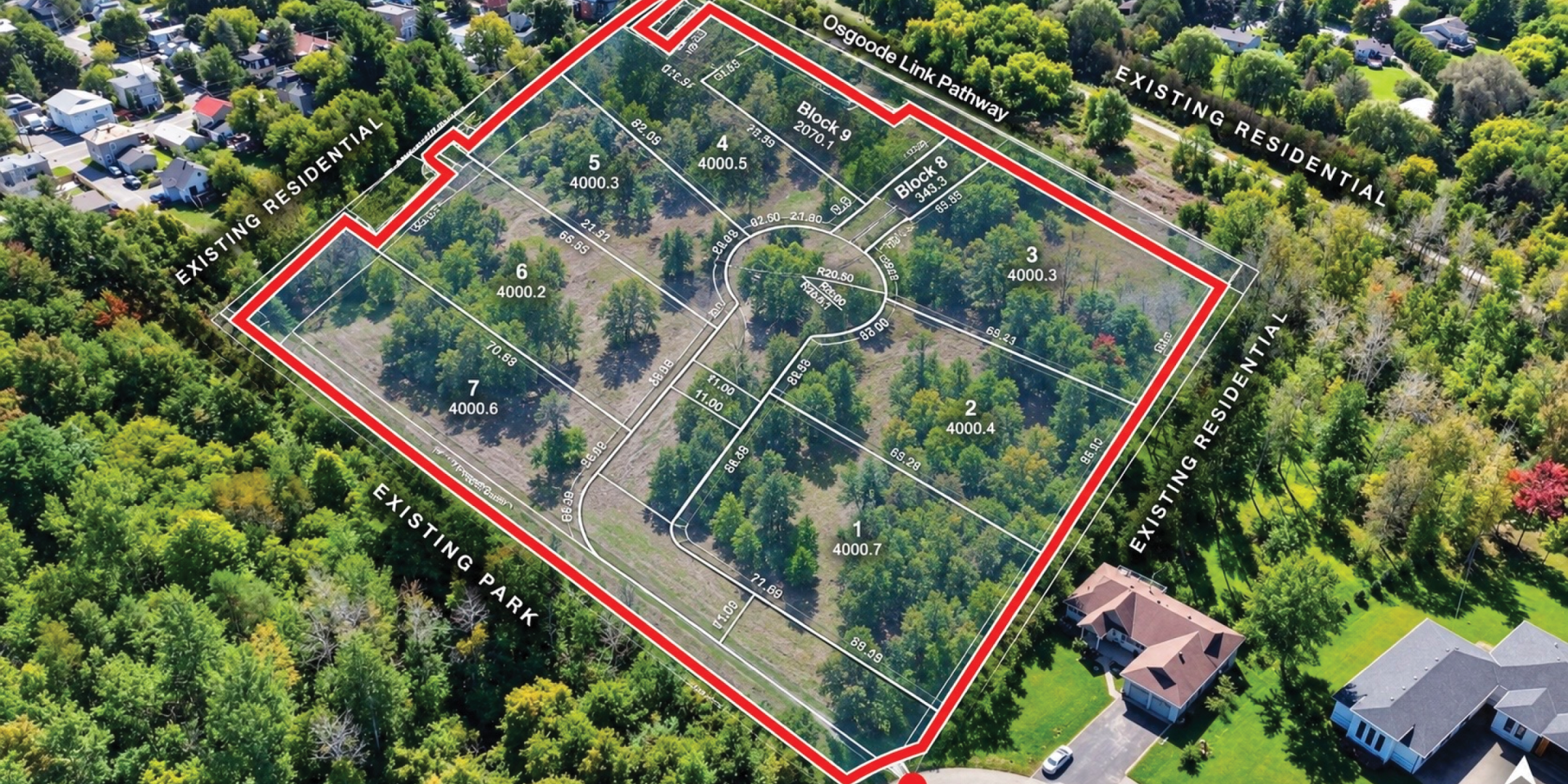 Aerial view of a proposed residential subdivision at 000 Lombardy Drive, featuring seven numbered lots, internal roads, and a cul-de-sac, outlined in red and surrounded by existing residential properties, mature trees, and parkland. The Osgoode Link Pathway runs along the northern boundary.