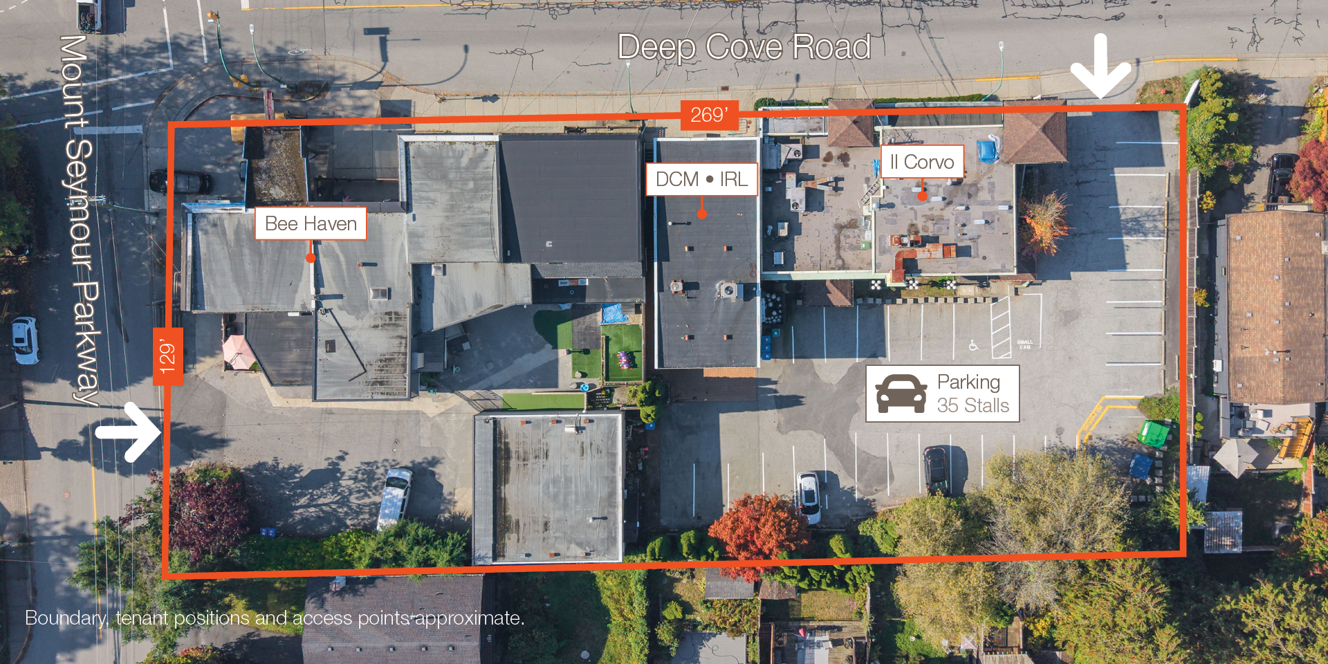1012-1060 Deep Cove Road & 4260-4266 Mount Seymour Parkway aerial with property outlined and tenants indicated
