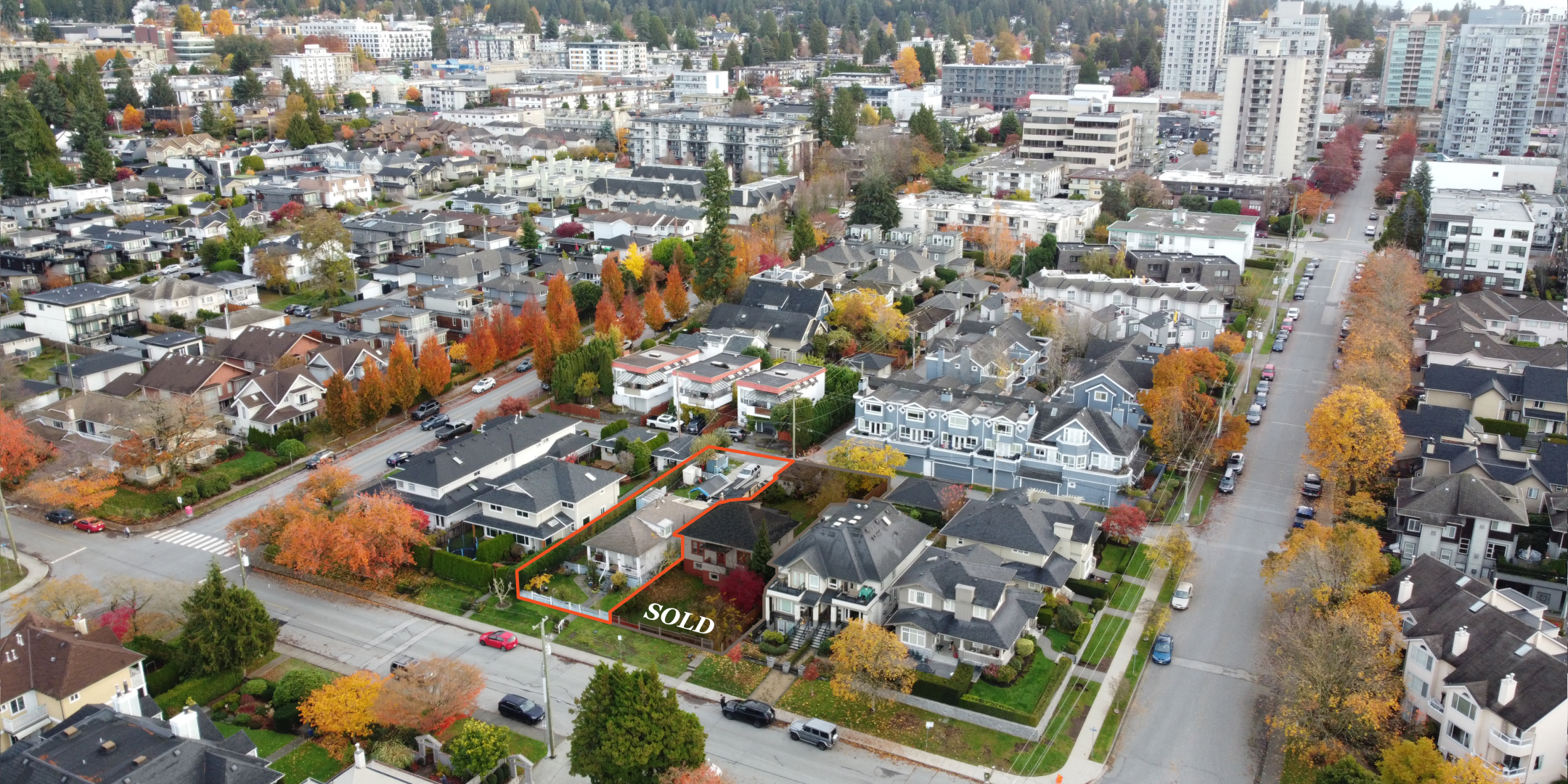 1628 & 1632 Mahon Avenue aerial with properties outlined, 1628 indicated sold
