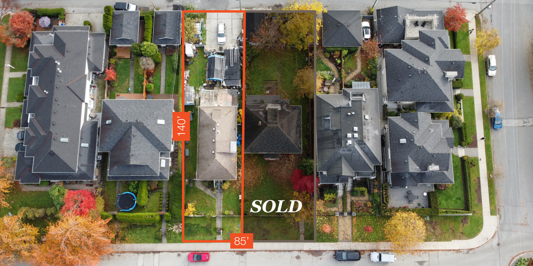1628 & 1632 Mahon Avenue bird's eye view with properties outlined, 1628 indicated sold